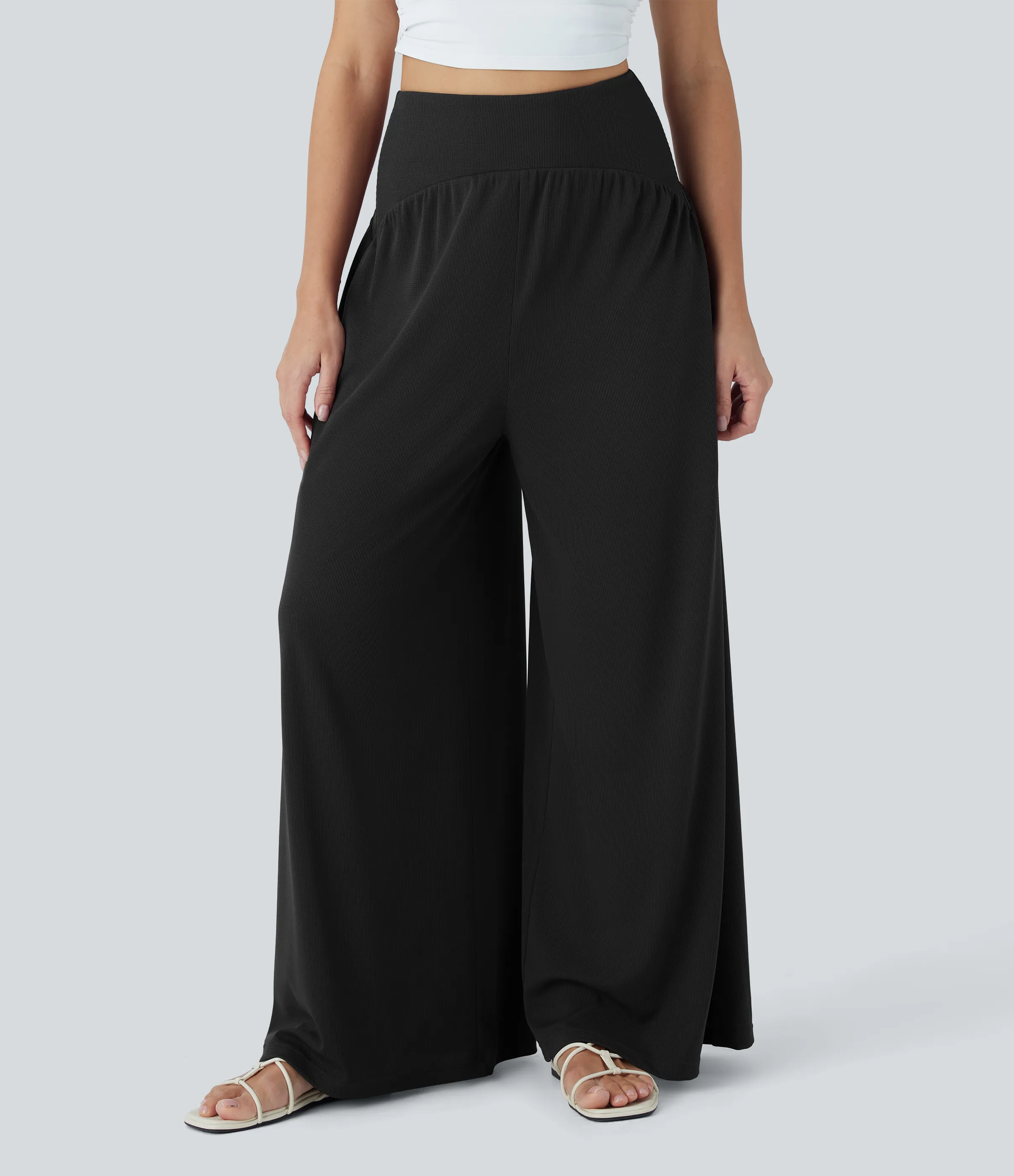 Halara Pantalones anchos casuales de tiro alto moldeadores de abdomen con bolsillos en tela gofre - Black - M(regular) sold by Halara product image thumbnail 4