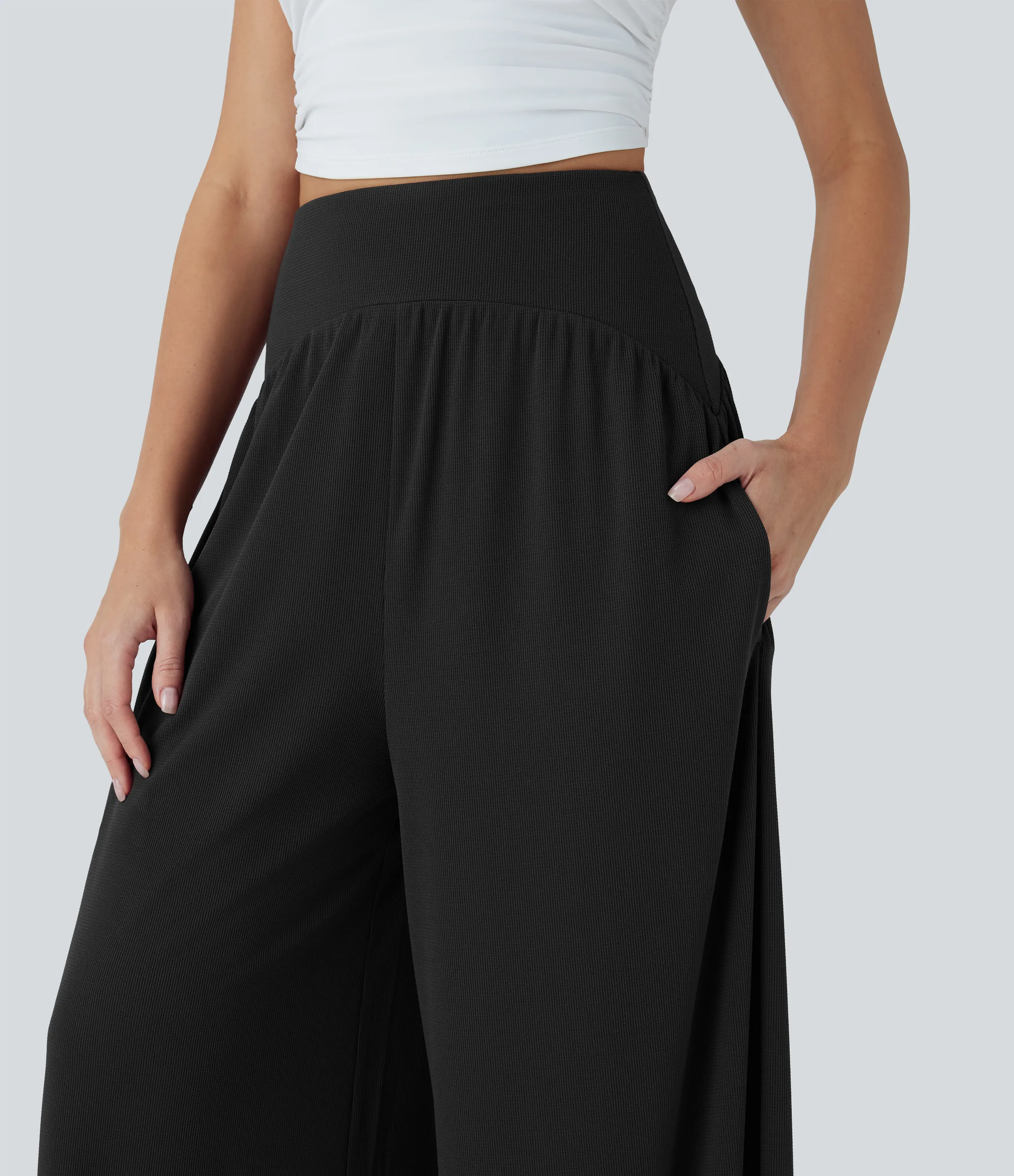 Halara Pantalones anchos casuales de tiro alto moldeadores de abdomen con bolsillos en tela gofre - Black - M(regular) sold by Halara product image thumbnail 5