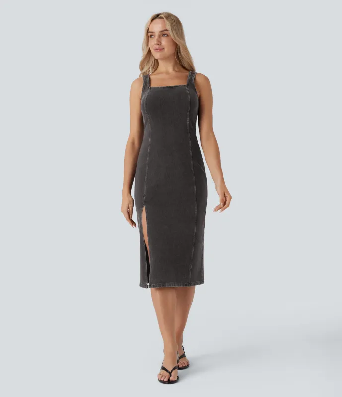 Halara Vestido Halara Flex™ Denim mezclilla elástico lavado media pierna cuello cuadrado sin mangas cremallera espalda abertura - Sandalwood Black Denim - M sold by Halara