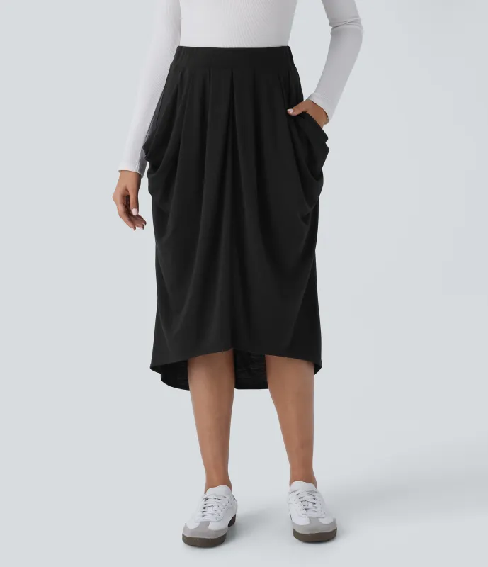 Halara Falda midi tiro alto drapeada plisada bolsillo lateral - Black - XS(regular) sold by Halara