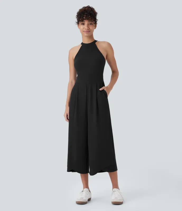 Halara Mono gofre pierna ancha bolsillo lateral dobladillo cruzado sin espalda - Black - XS sold by Halara