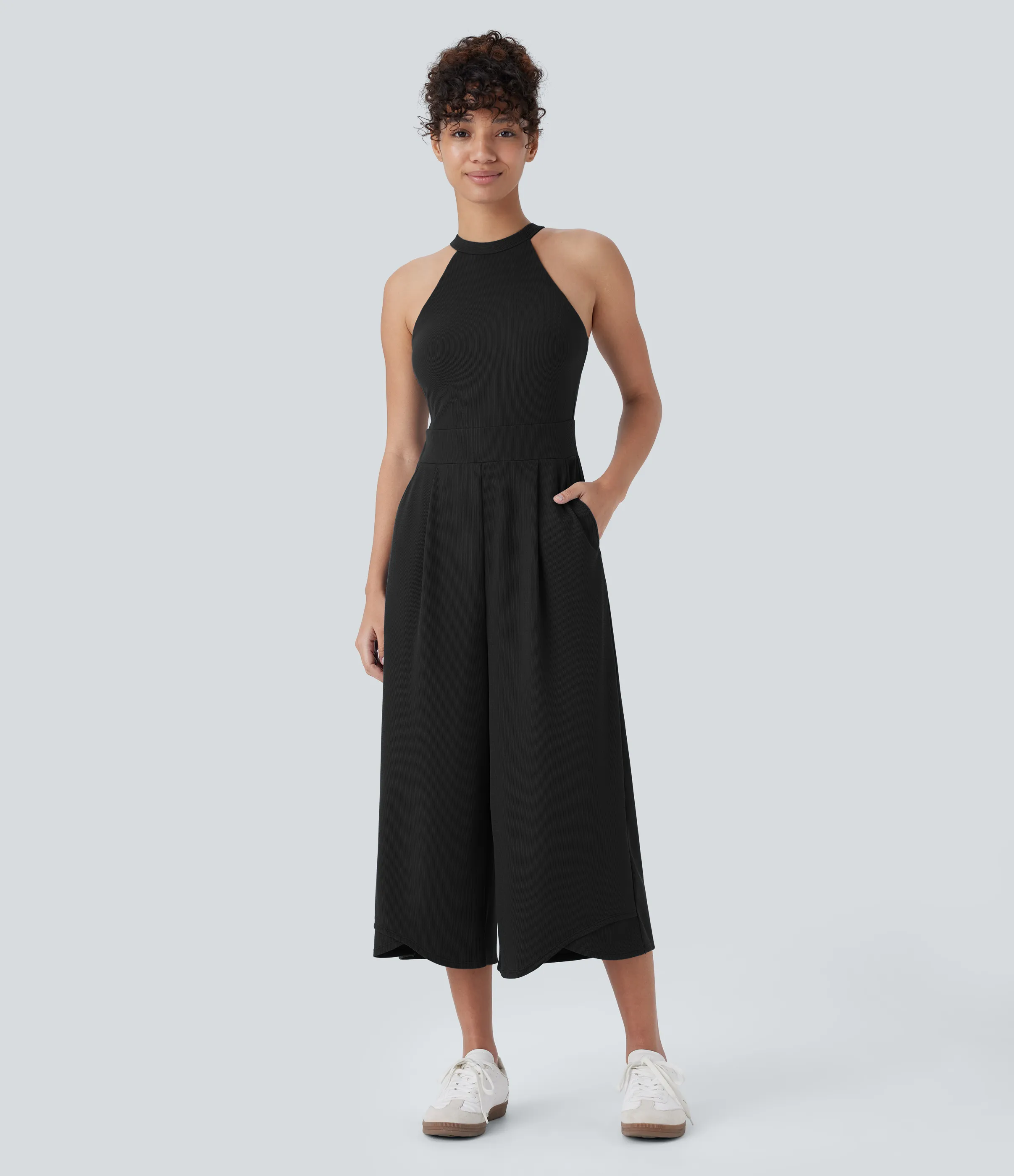 Halara Mono gofre pierna ancha bolsillo lateral dobladillo cruzado sin espalda - Black - XS sold by Halara product image thumbnail 2