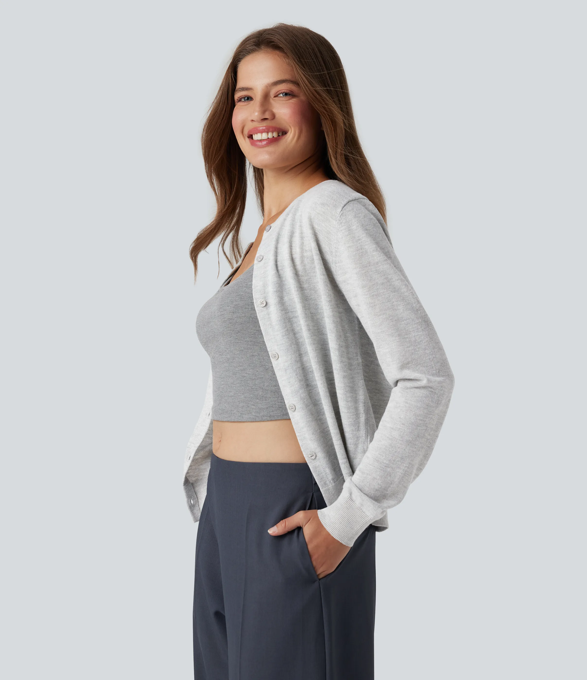 Halara Cárdigan de lana de oficina de manga larga y cuello redondo - Mottled Grey - S sold by Halara product image thumbnail 4