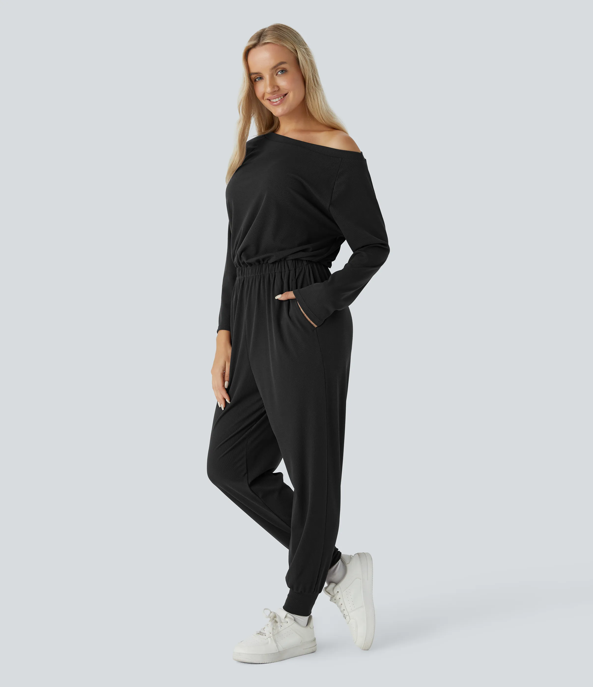 Halara Mono sin hombro manga larga bolsillo lateral plisado gofre - Black - L(regular) sold by Halara