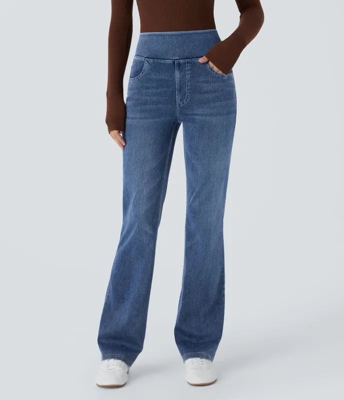 Halara Jeans Halara Flex™ Denim tiro alto lavado elástico múltiple bolsillo corte acampanado - Royal Blue Denim - M(tall) sold by Halara