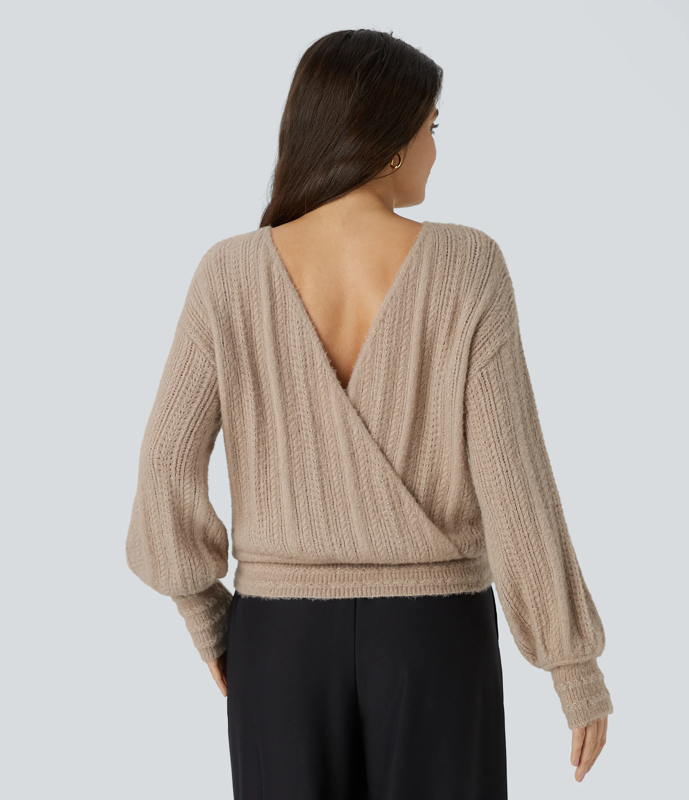 Halara Suéter oficina manga larga cuello V transparente usar delante detrás - Gilded Beige - XS sold by Halara product image thumbnail 5