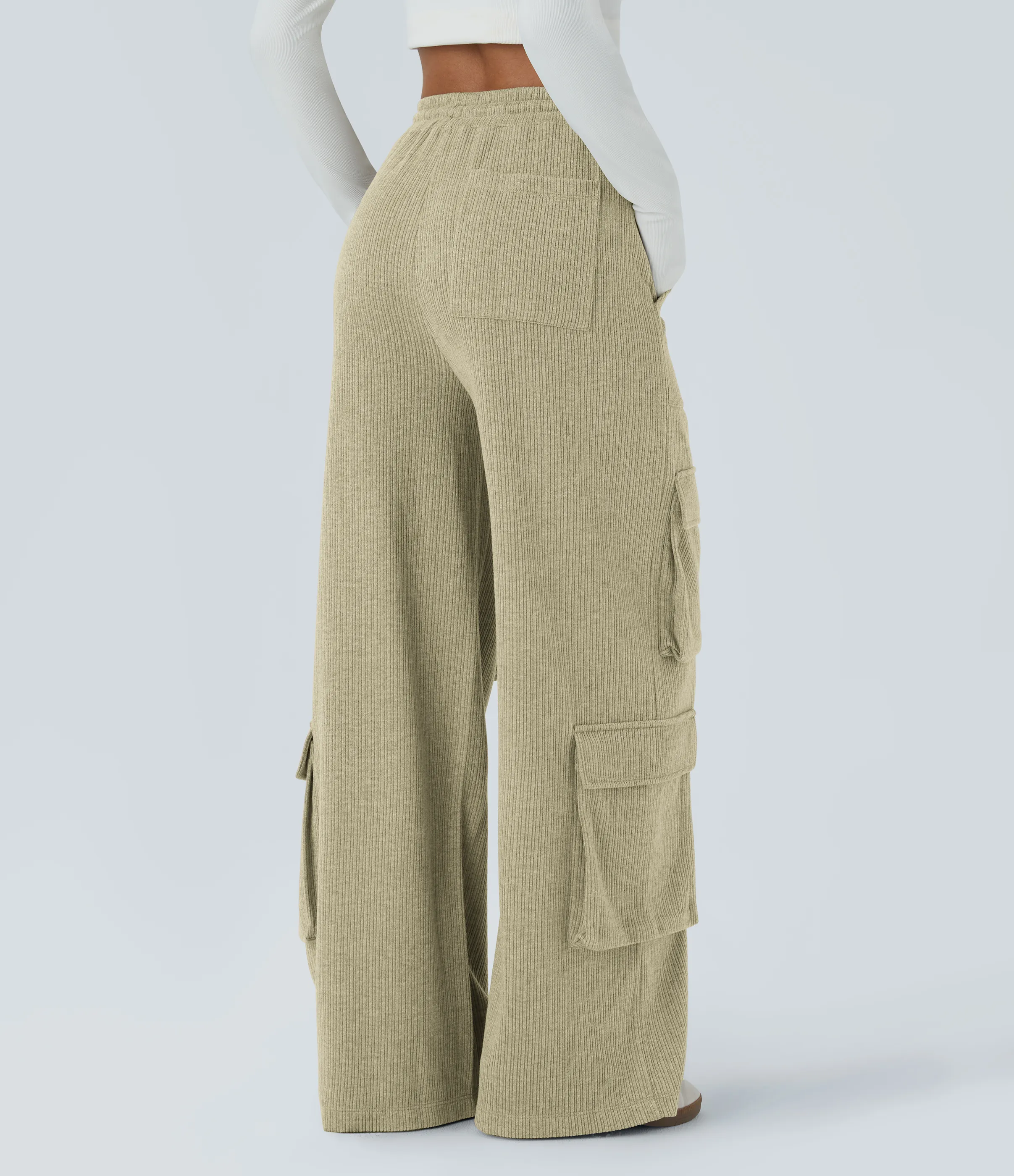Halara Pantalón cargo tiro medio canalé cordón ajustable múltiple bolsillo pierna ancha - Gray Green - XL(regular) sold by Halara product image thumbnail 3