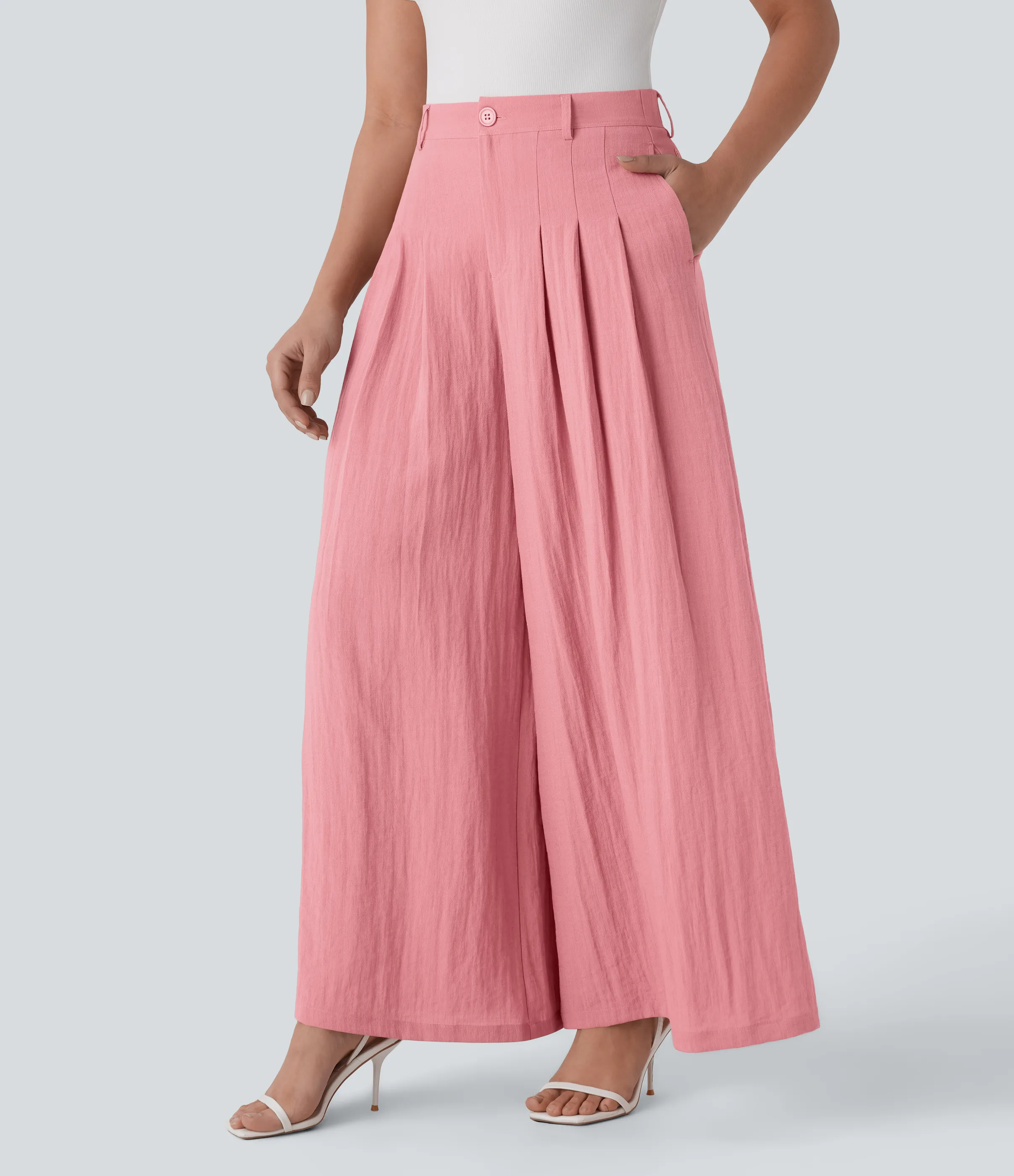 Halara Pantalón oficina holgado lino tiro alto cremallera abotonada bolsillo lateral pierna ancha - Rosette - S(regular) sold by Halara