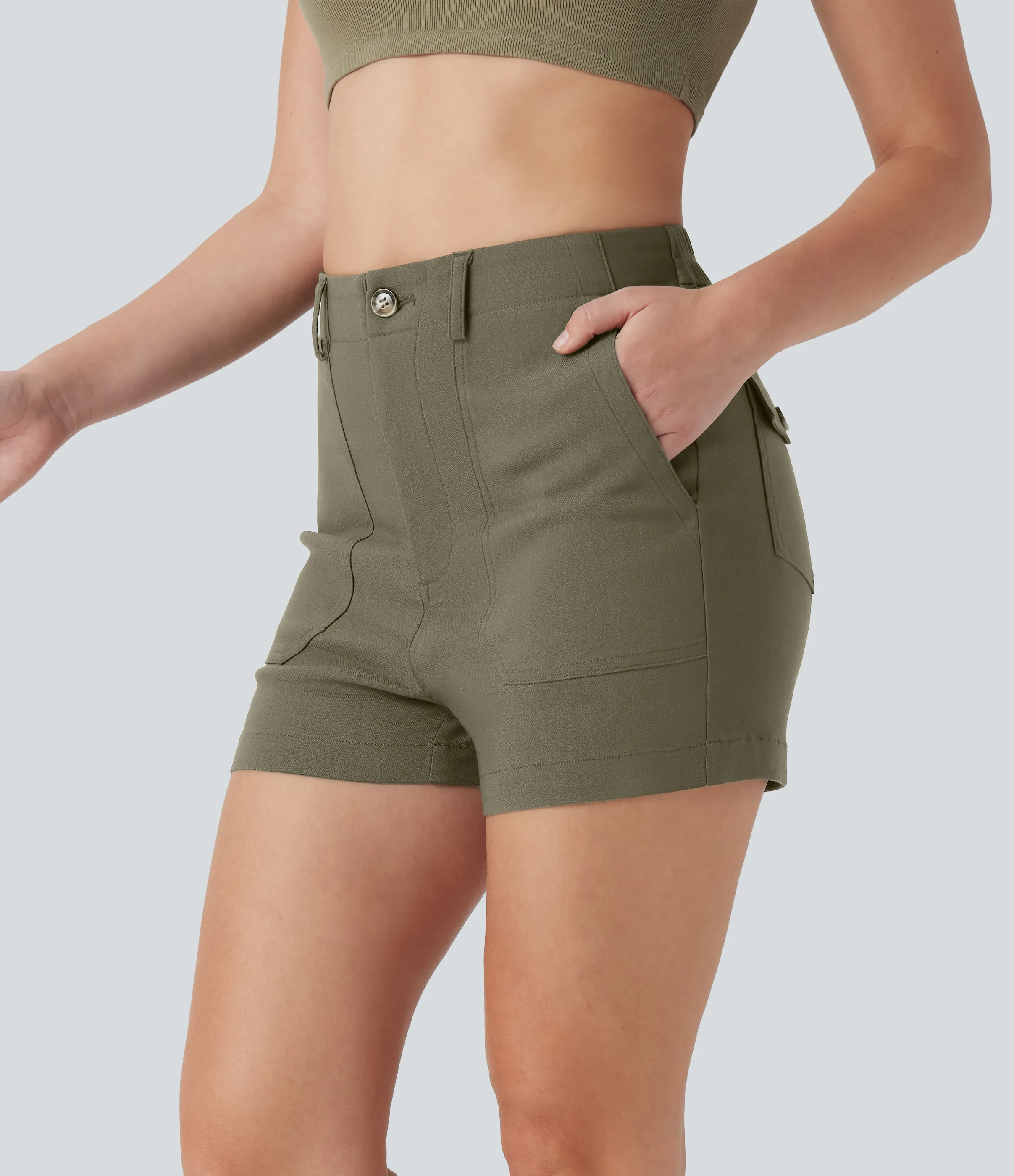 Halara Shorts casuales de tiro alto con múltiples bolsillos - Withered Green - XS sold by Halara product image thumbnail 4