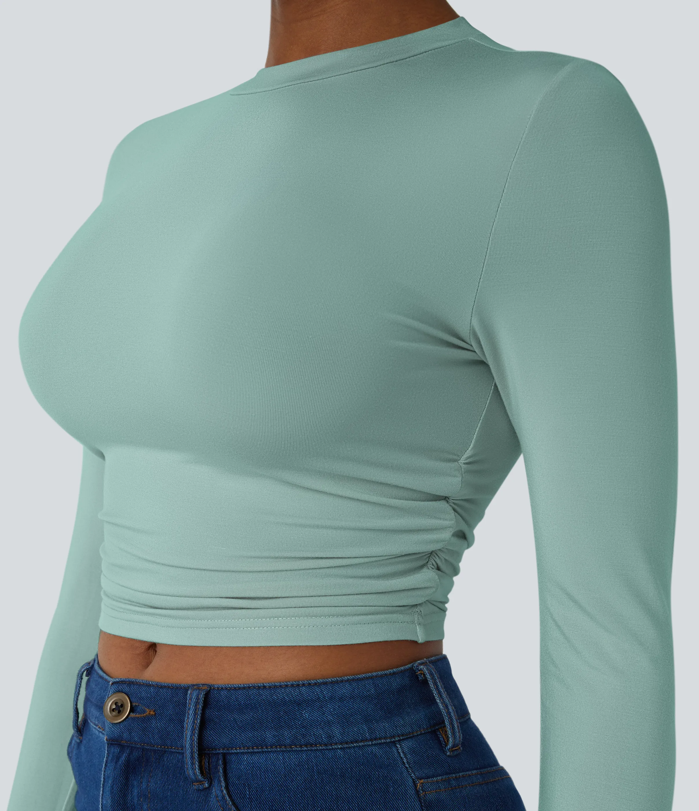 Halara Top recortado ajustado fruncido manga larga cuello redondo - Oil Blue - M sold by Halara product image thumbnail 5