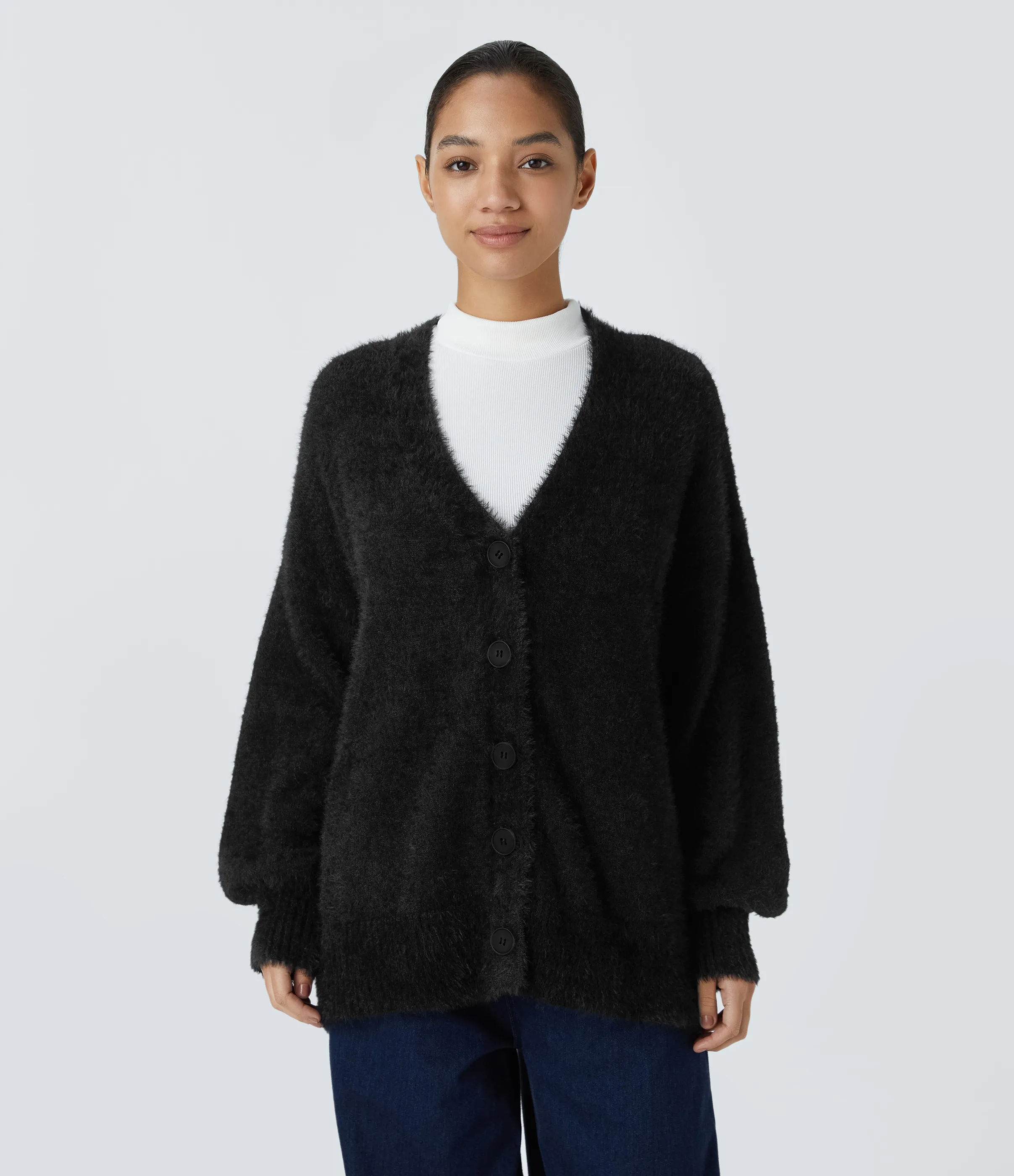Halara Cárdigan holgado cuello V manga obispo botón - Black - XS sold by Halara