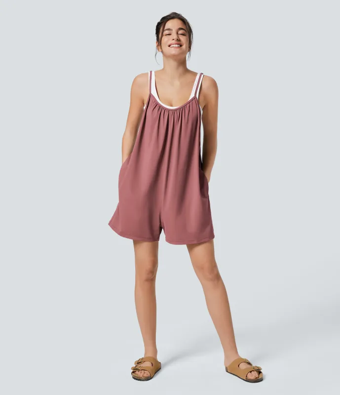 Halara Mono pierna ancha liso bolsillo lateral plisado correa ajustable espagueti - Light Rose Red - S(regular) sold by Halara