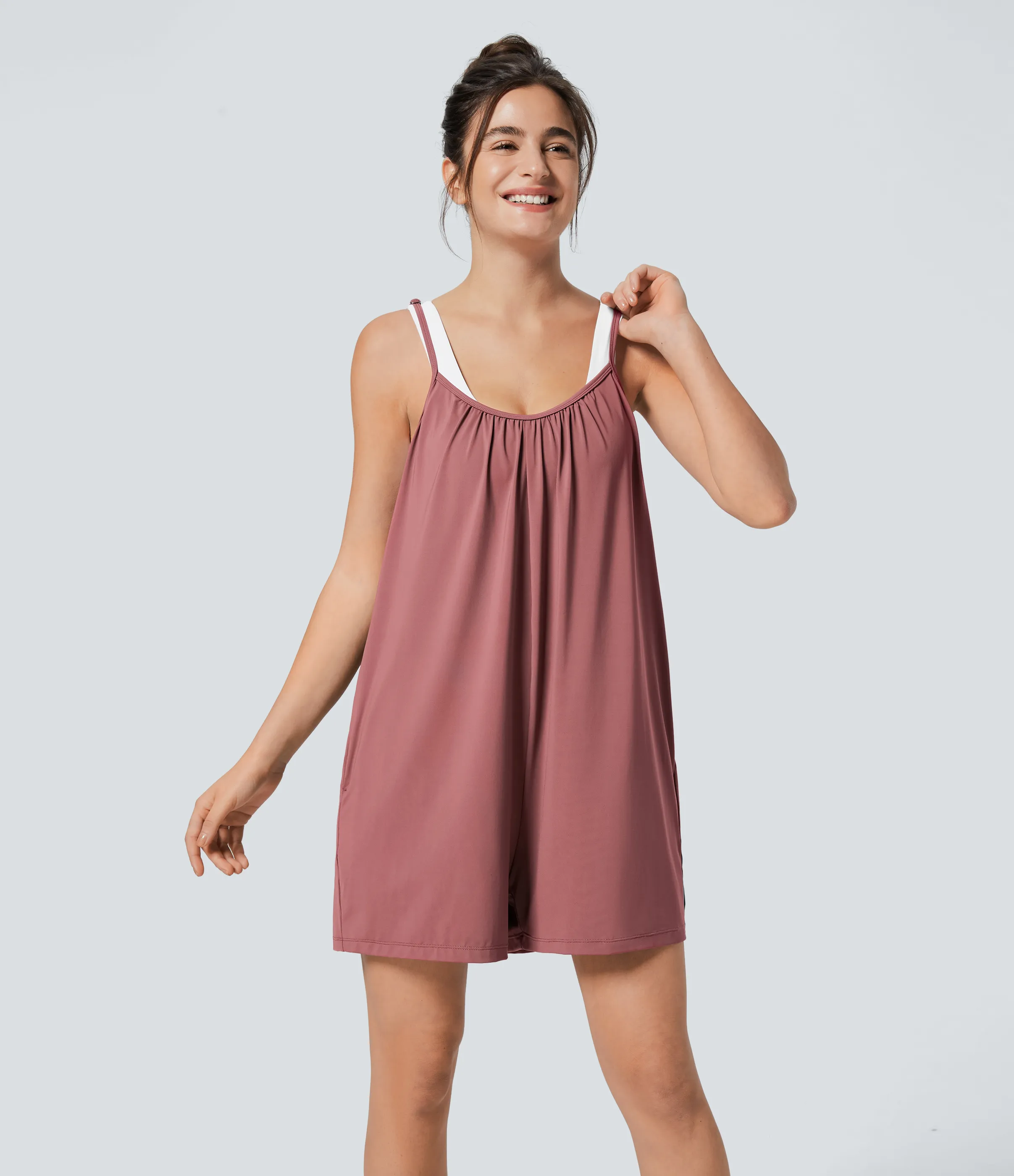 Halara Mono pierna ancha liso bolsillo lateral plisado correa ajustable espagueti - Light Rose Red - S(regular) sold by Halara product image thumbnail 4