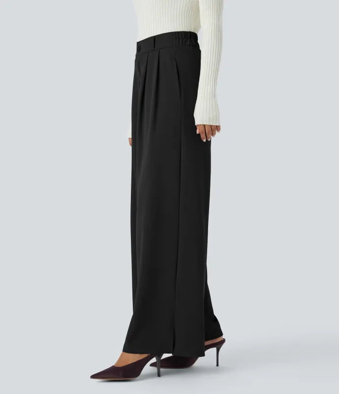 Halara Pantalón oficina tiro alto cremallera botón bolsillo lateral plisado dobladillo dividido pierna ancha - Black - XL(regular) sold by Halara