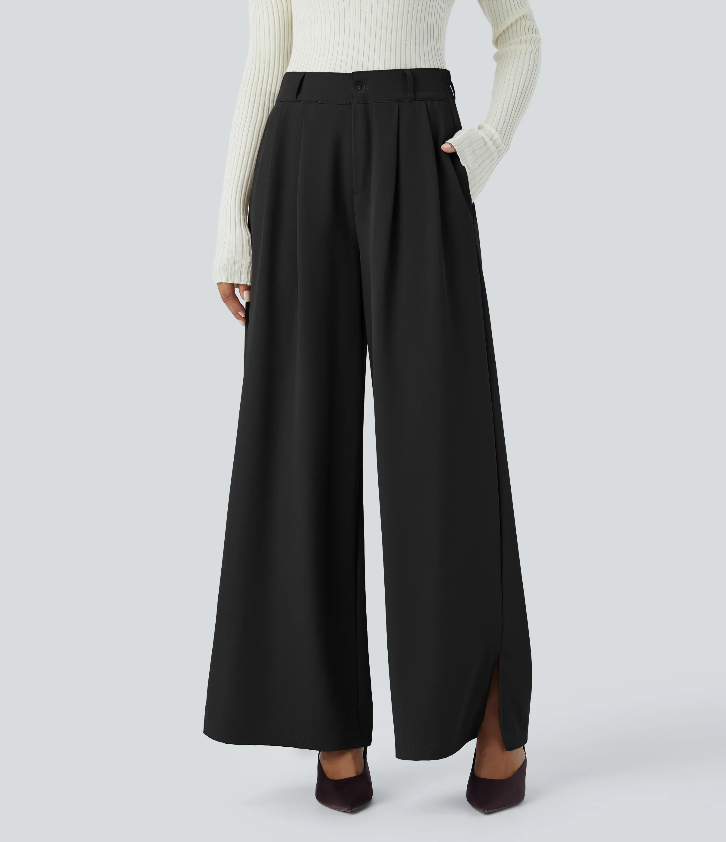 Halara Pantalón oficina tiro alto cremallera botón bolsillo lateral plisado dobladillo dividido pierna ancha - Black - XL(regular) sold by Halara product image thumbnail 4