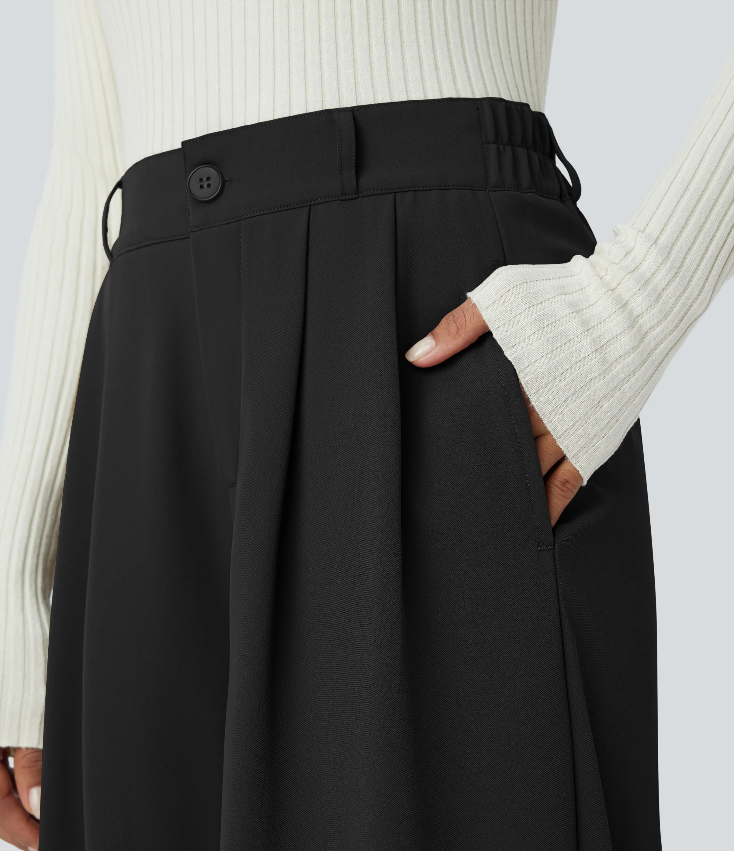 Halara Pantalón oficina tiro alto cremallera botón bolsillo lateral plisado dobladillo dividido pierna ancha - Black - XL(regular) sold by Halara product image thumbnail 5