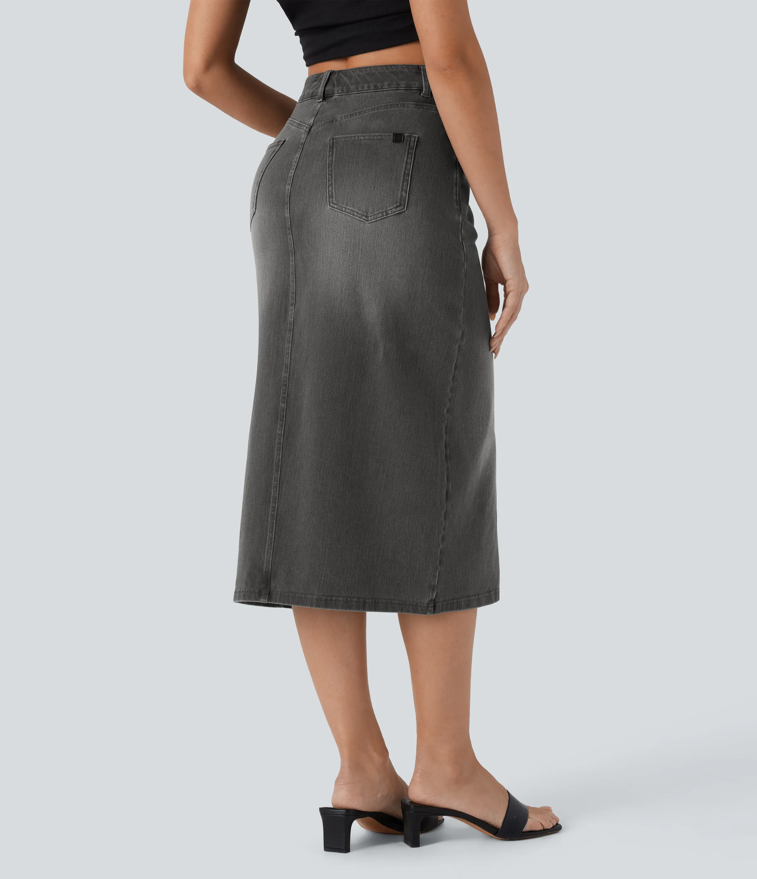 Halara Falda Midi Halara Flex™ Denim elástico lavado tiro alto abertura múltiple bolsillo - Black Iron Gray Denim - XL(regular) sold by Halara product image thumbnail 3