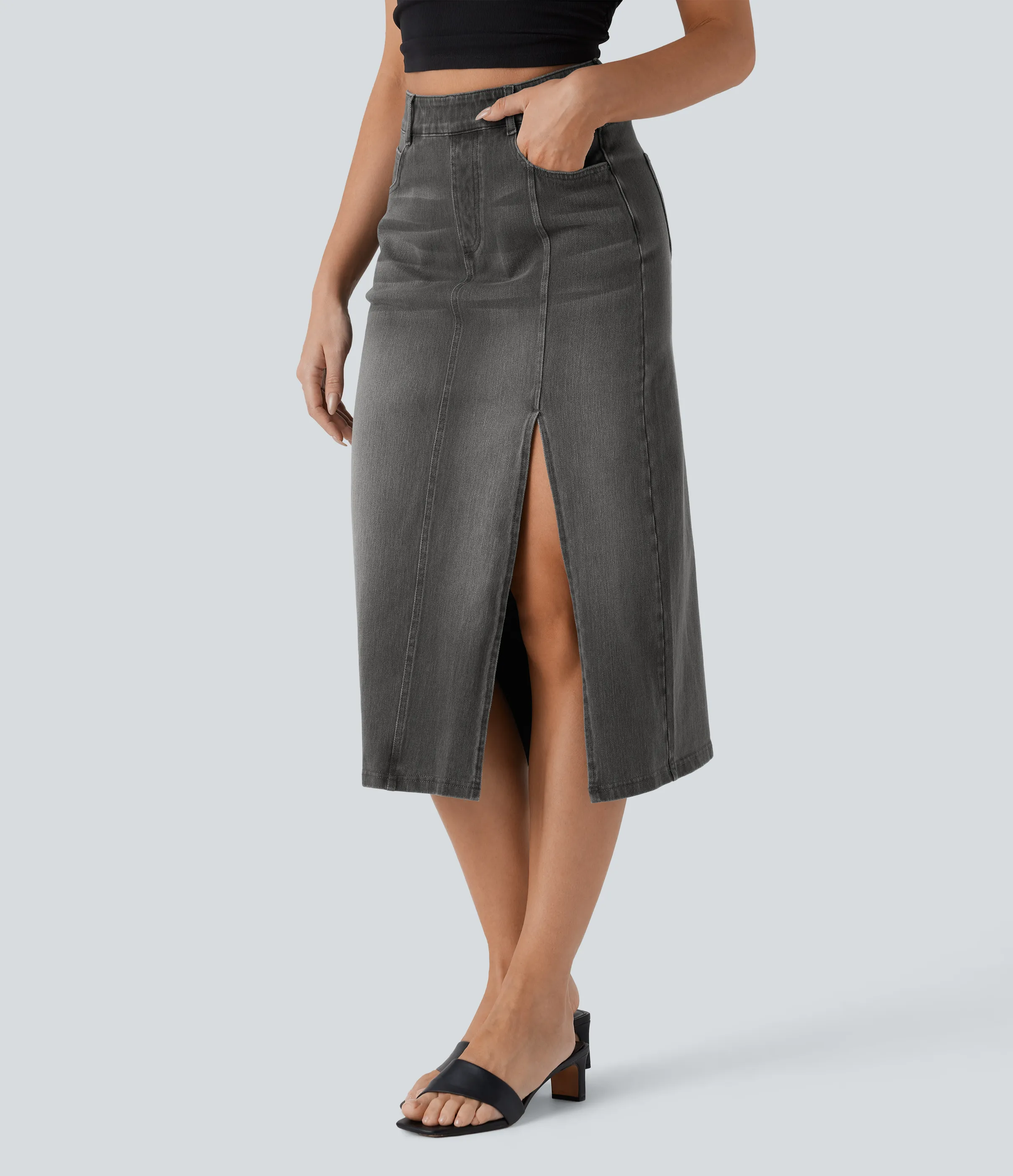 Halara Falda Midi Halara Flex™ Denim elástico lavado tiro alto abertura múltiple bolsillo - Black Iron Gray Denim - XL(regular) sold by Halara product image thumbnail 4