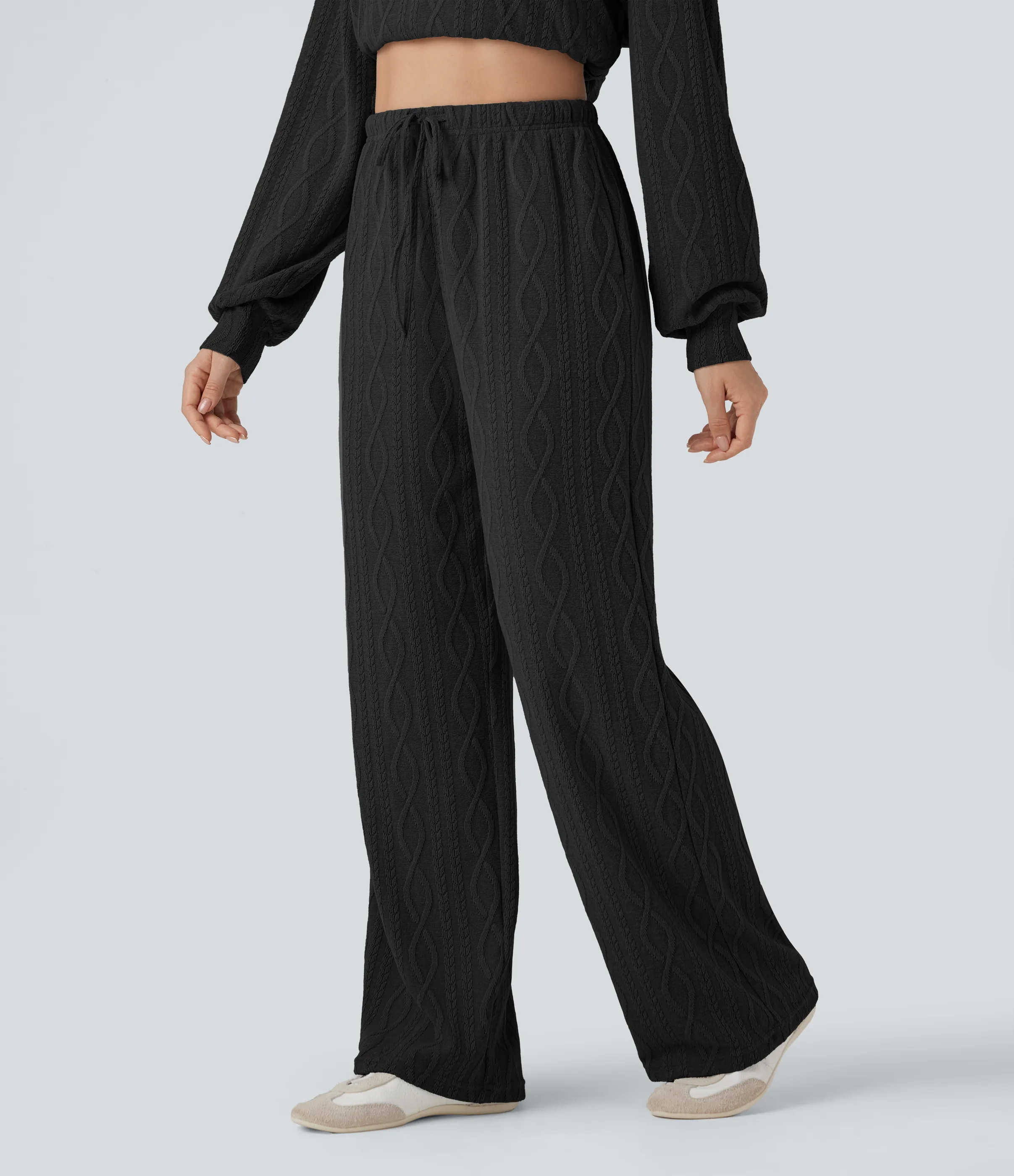 Halara Pantalones casuales de punto trenzado con cordón y tiro alto con bolsillos - Black - L(regular) sold by Halara product image thumbnail 4