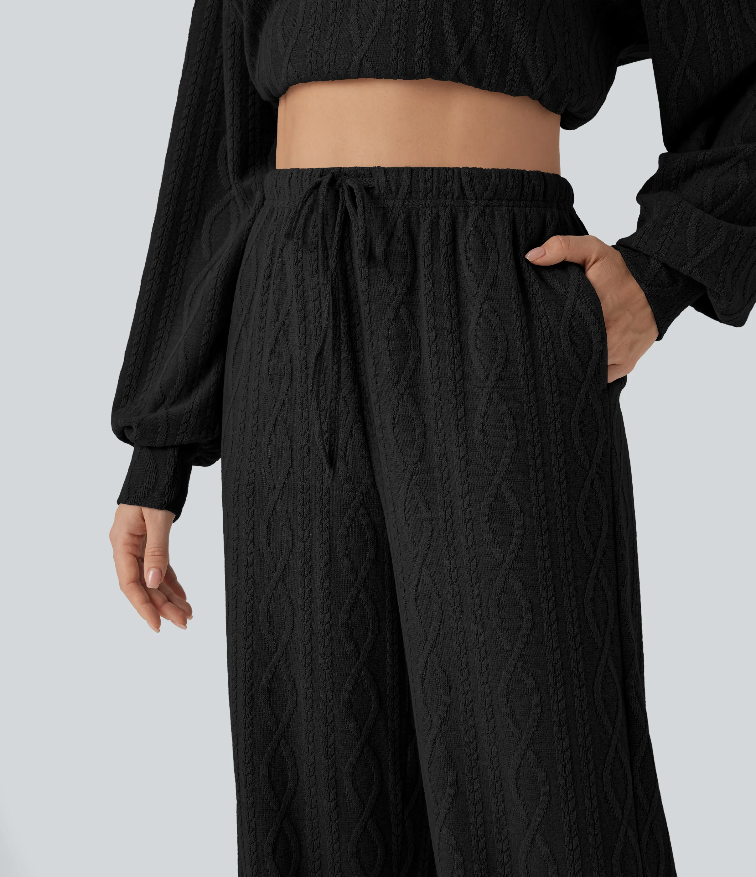 Halara Pantalones casuales de punto trenzado con cordón y tiro alto con bolsillos - Black - L(regular) sold by Halara product image thumbnail 5