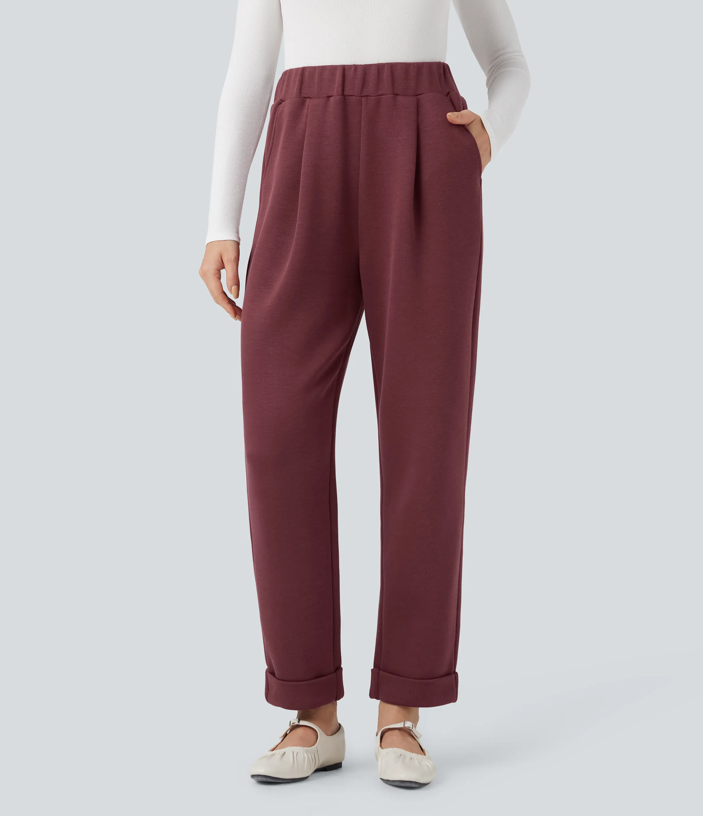 Halara Pantalones casuales ajustados de tiro alto con bolsillos - Oxblood Red - M(regular) sold by Halara