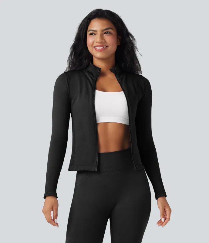 Halara Chamarra de yoga de manga larga con cuello alto y abertura para el pulgar sin costuras - Black - M sold by Halara