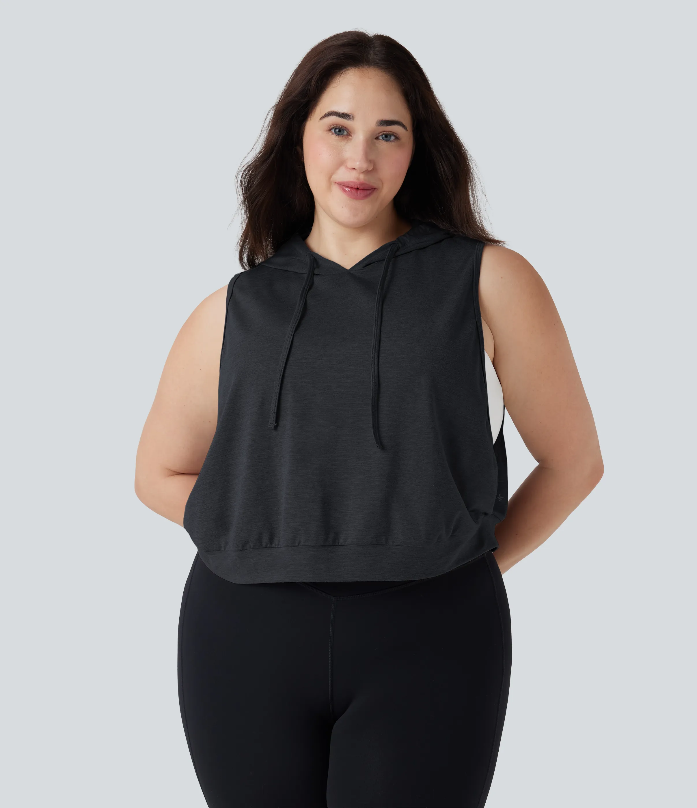 Halara Camiseta sin mangas corta correr capucha cordón ajustable talla grande - Mottled Hemp Black - 3X sold by Halara