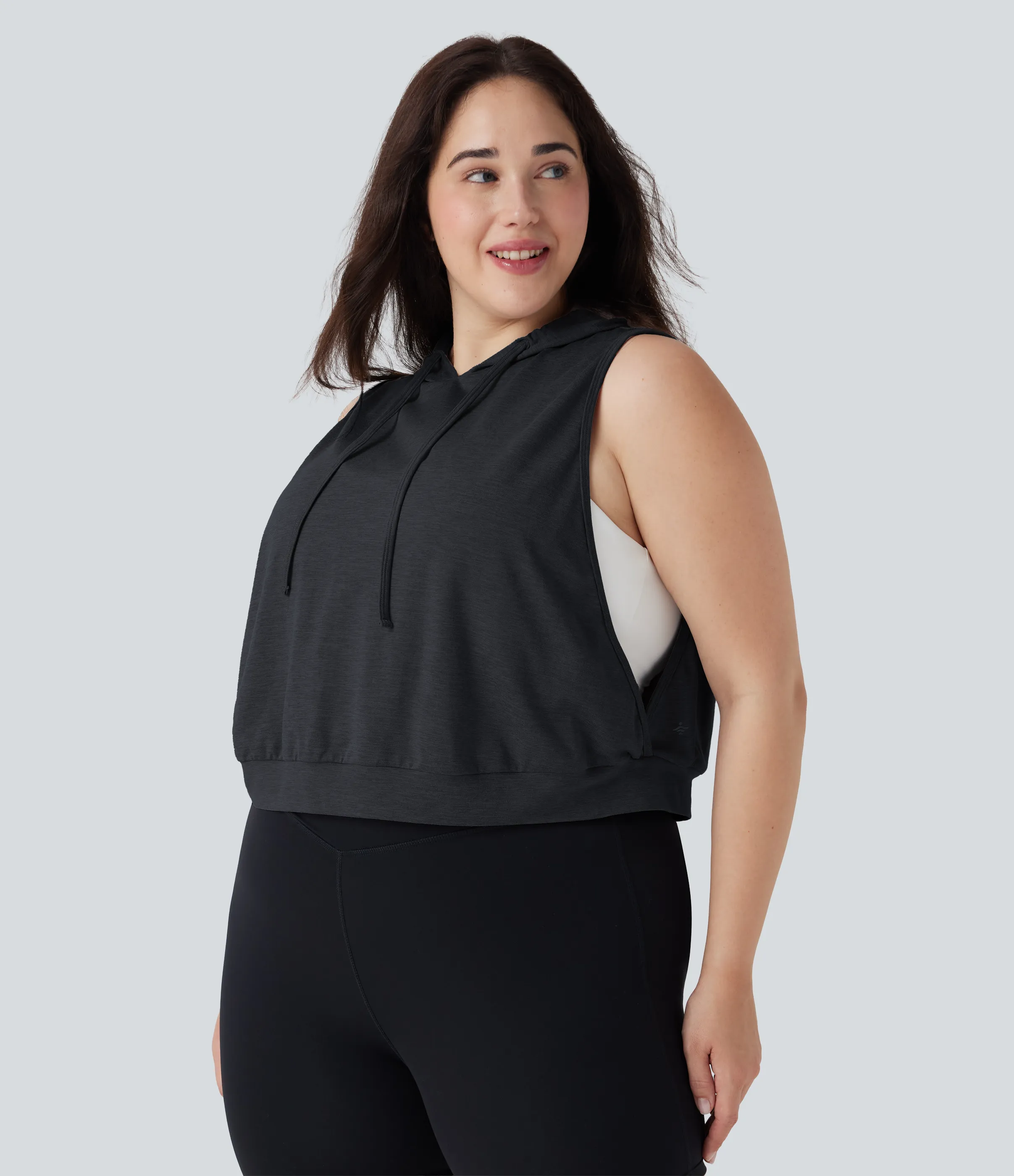 Halara Camiseta sin mangas corta correr capucha cordón ajustable talla grande - Mottled Hemp Black - 3X sold by Halara product image thumbnail 4