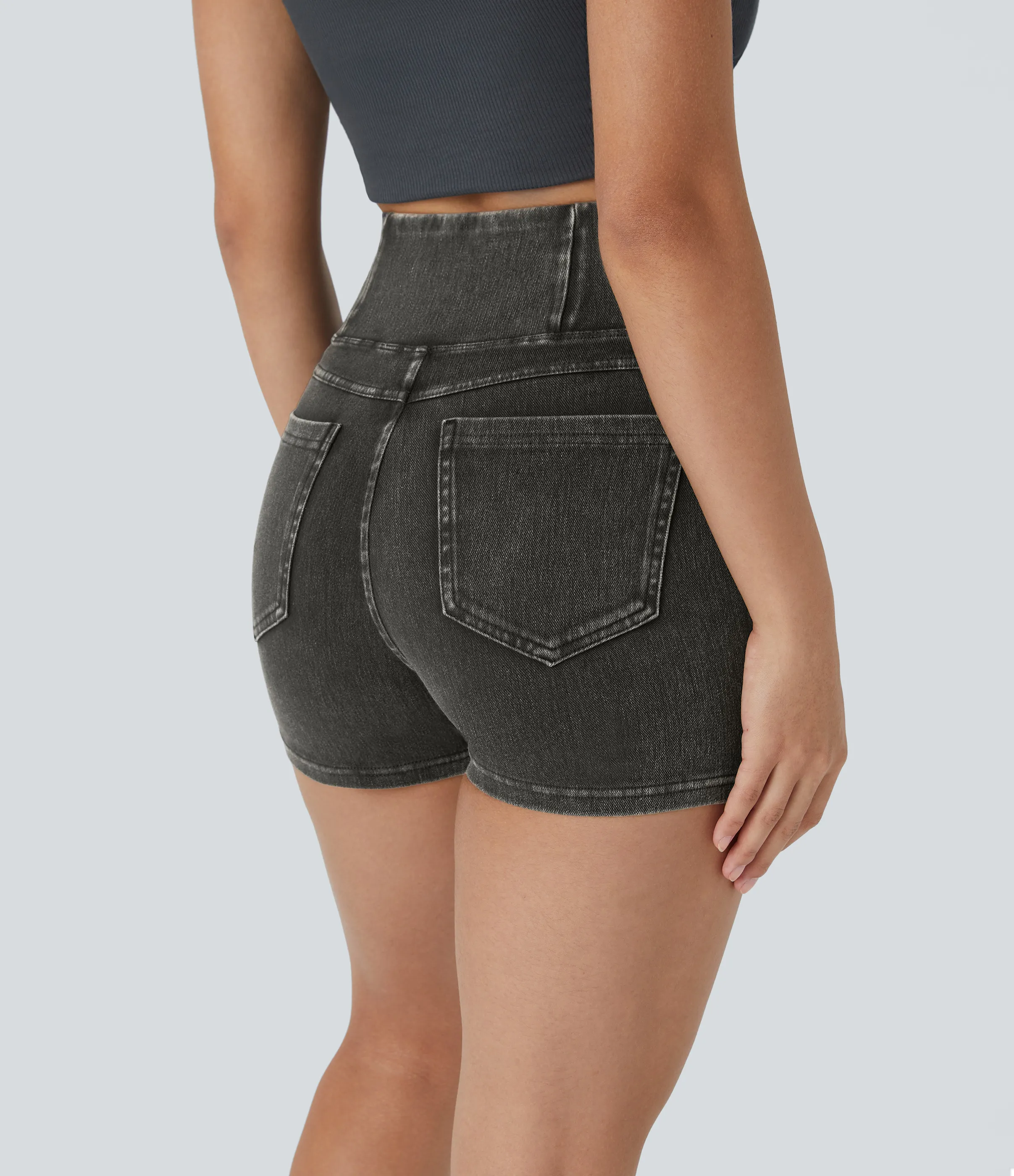 Halara Pantalón corto Halara Flex™ Denim elástico bolsillo lateral cruzado trasera tiro alto 7.5cm - Hemp Rope Black Denim - L sold by Halara product image thumbnail 3