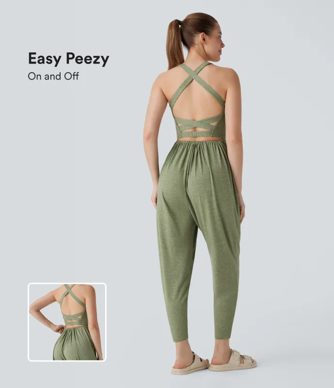 Halara Mono harén cuello U cruzado bolsillo lateral sin espalda - Easy Peezy - Light Green Floral Yarn - M(regular) sold by Halara