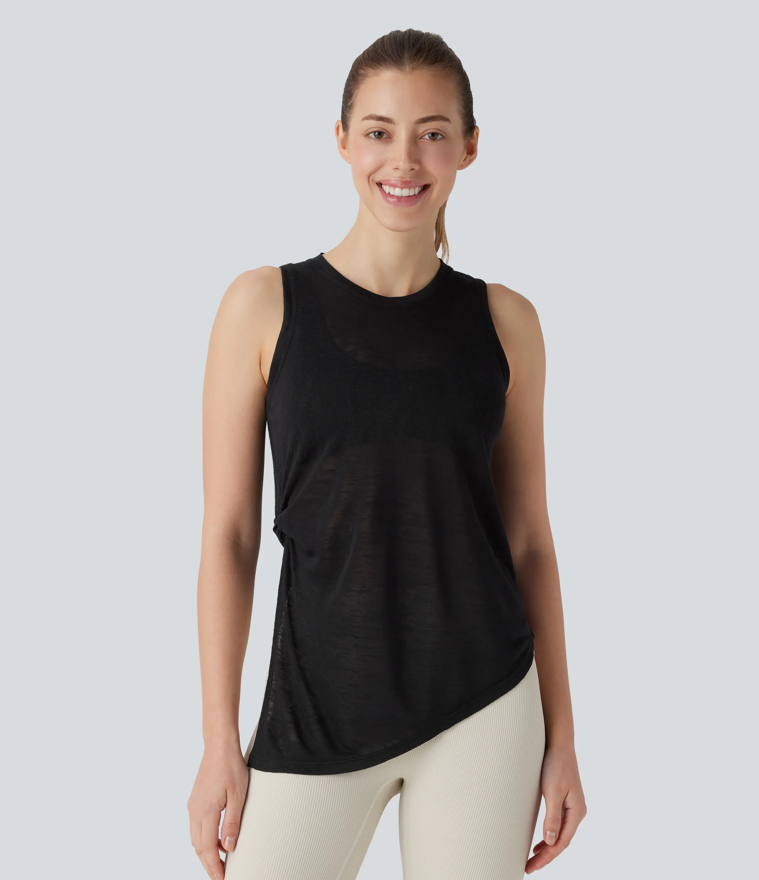 Halara Camiseta yoga sin mangas cuello redondo dobladillo dividido asimétrico lazo lateral - Black - XS sold by Halara product image thumbnail 2