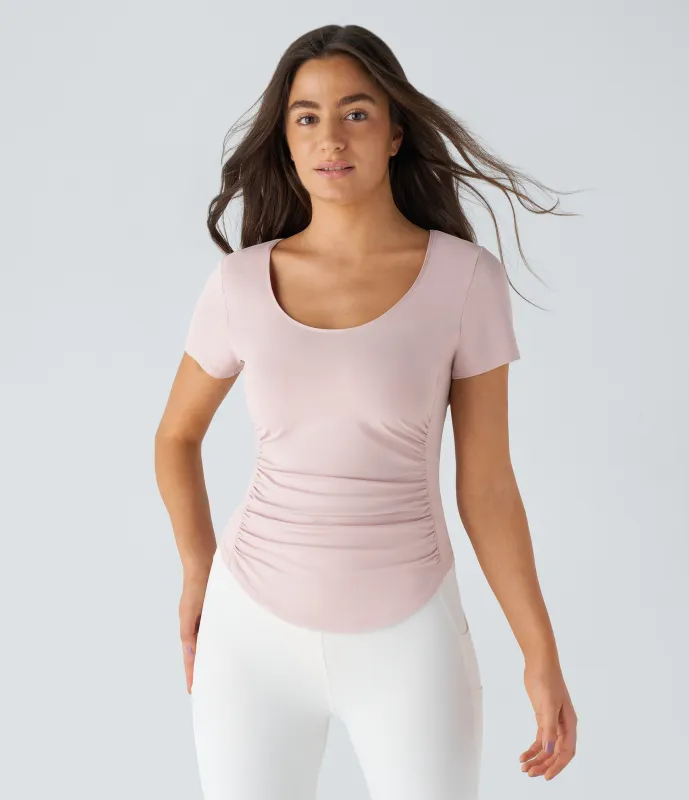 Halara Top deportivo yoga dobladillo curvo fruncido abertura sin espalda manga corta cuello U - Pale Lilac - S sold by Halara