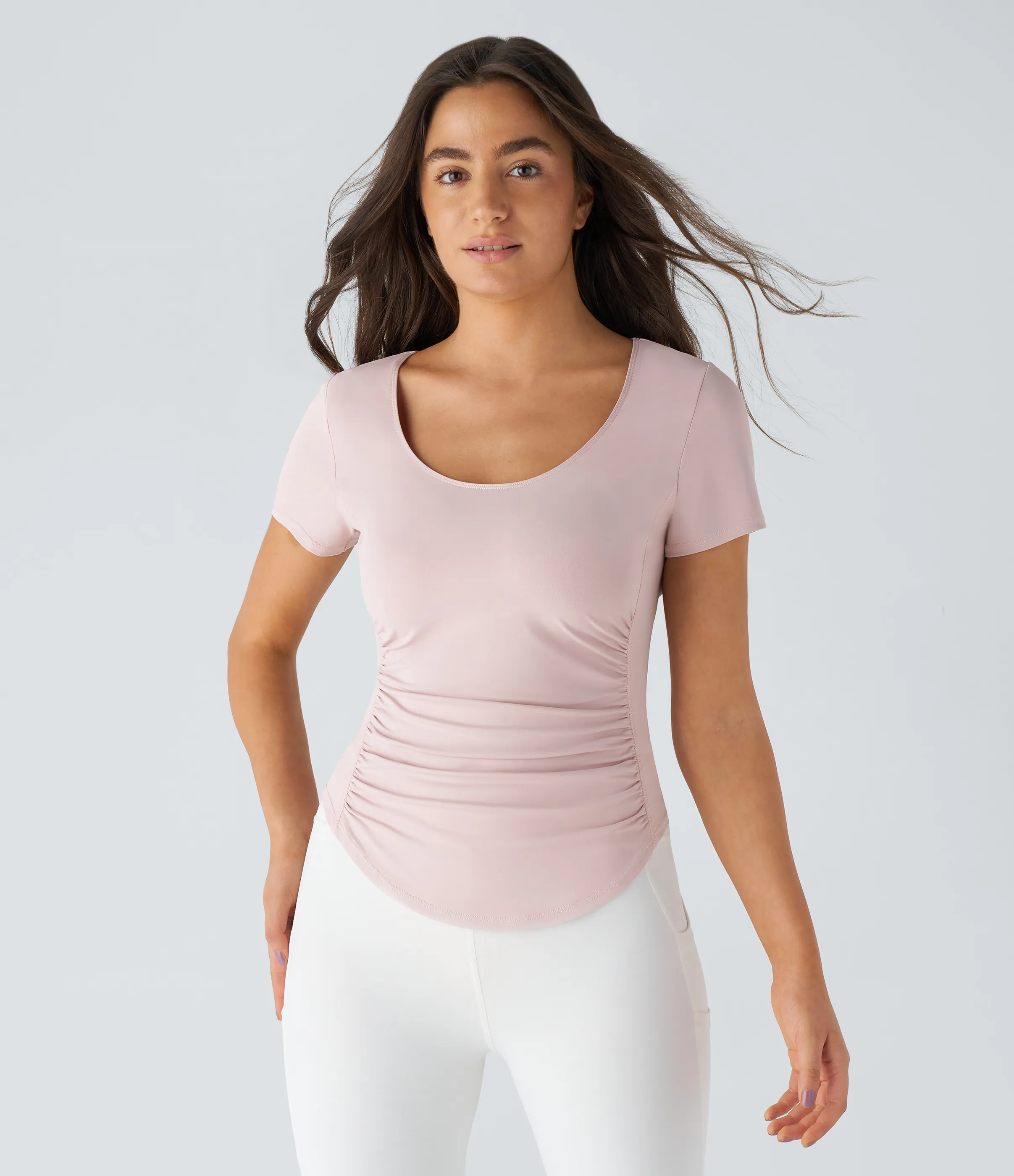 Halara Top deportivo yoga dobladillo curvo fruncido abertura sin espalda manga corta cuello U - Pale Lilac - S sold by Halara product image thumbnail 2