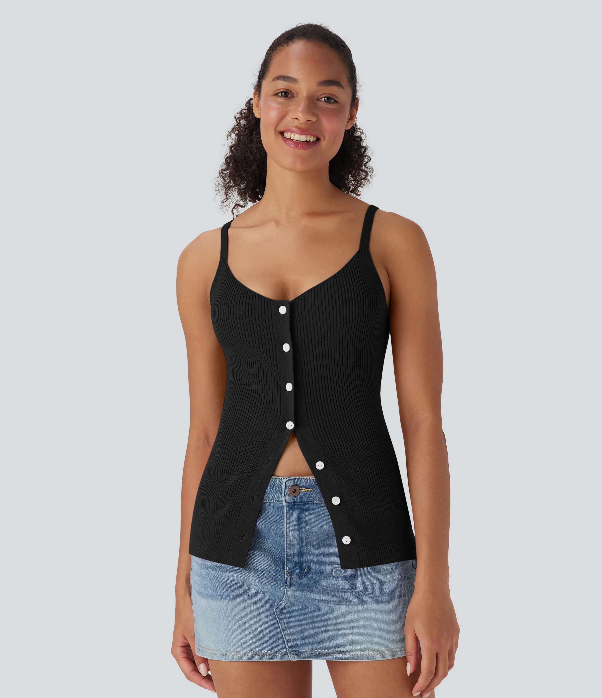 Halara Camiseta de tirantes de punto con espalda abierta y botones - Black - XS sold by Halara