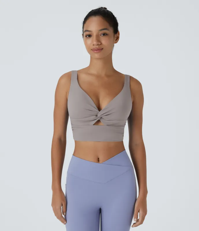 Halara Brasier deportivo de yoga SoftlyZero™ Airy de sujeción baja con abertura y tacto fresco-UPF51+ en copas D-F - Steel Gray - M sold by Halara