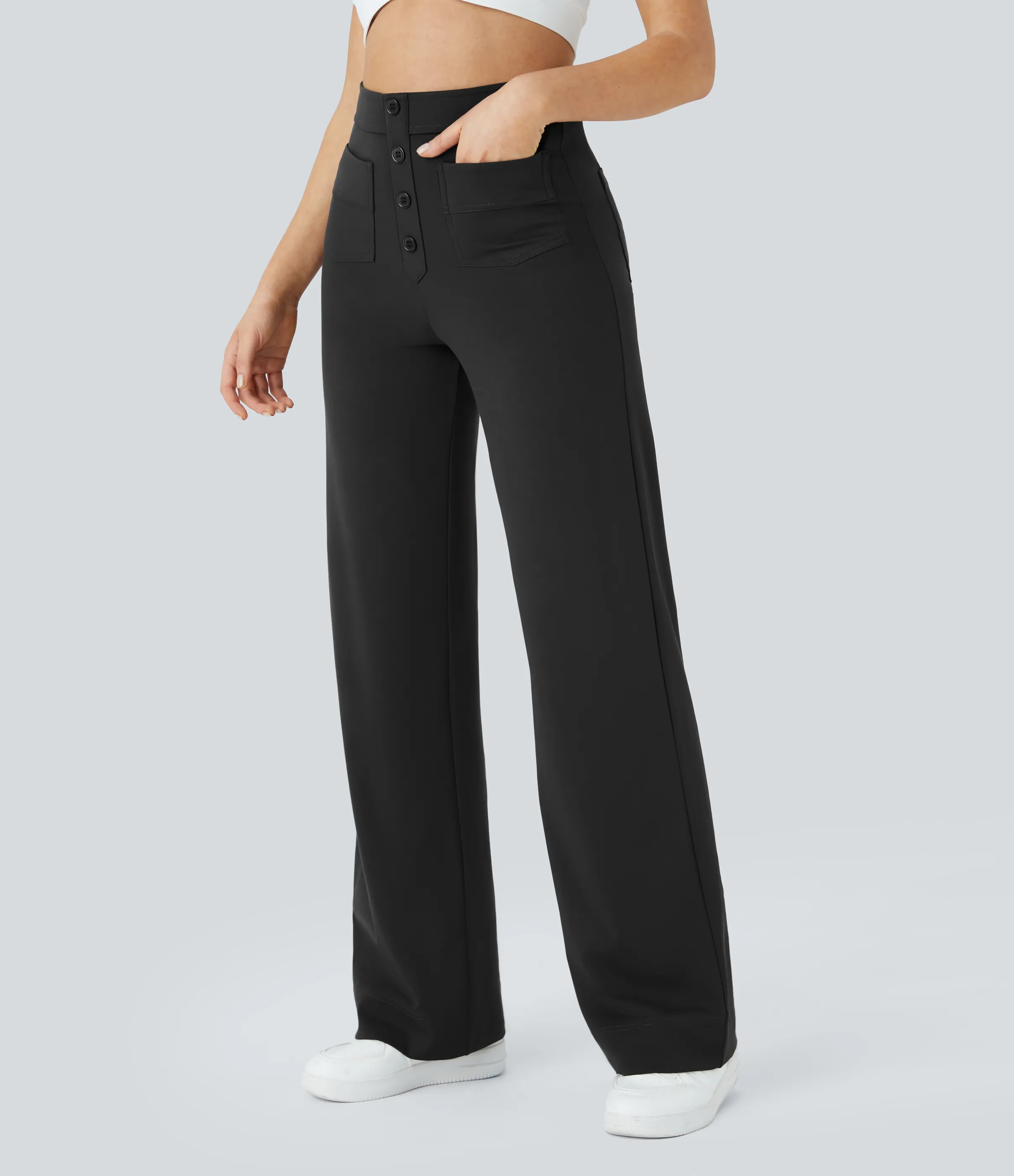 Halara Pantalones pierna recta múltiple bolsillo botón tiro alto - Black - L(ultratall) sold by Halara product image thumbnail 4