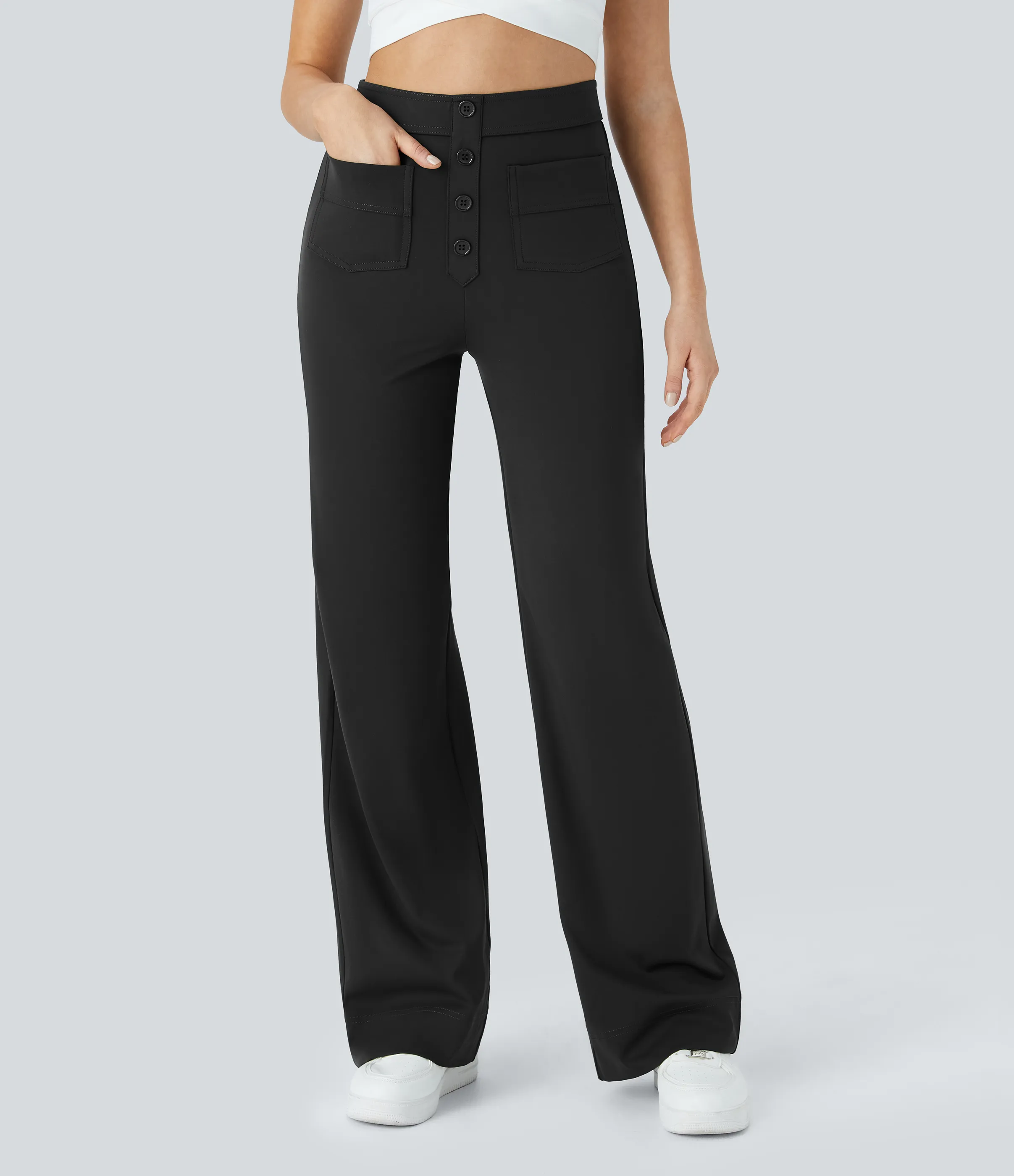 Halara Pantalones pierna recta múltiple bolsillo botón tiro alto - Black - L(ultratall) sold by Halara product image thumbnail 5