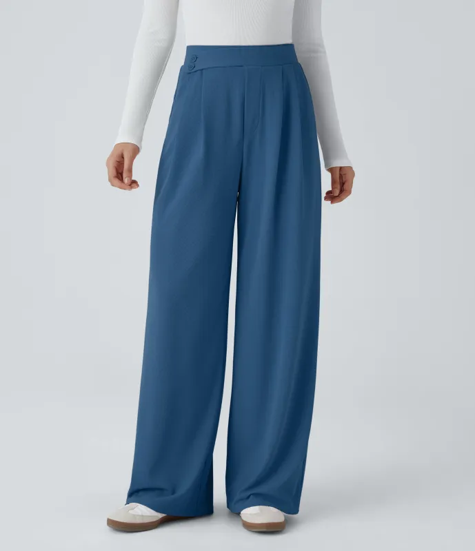 Halara Pantalón tiro alto botón bolsillo lateral plisado pierna ancha - Dark Blue - S(regular) sold by Halara