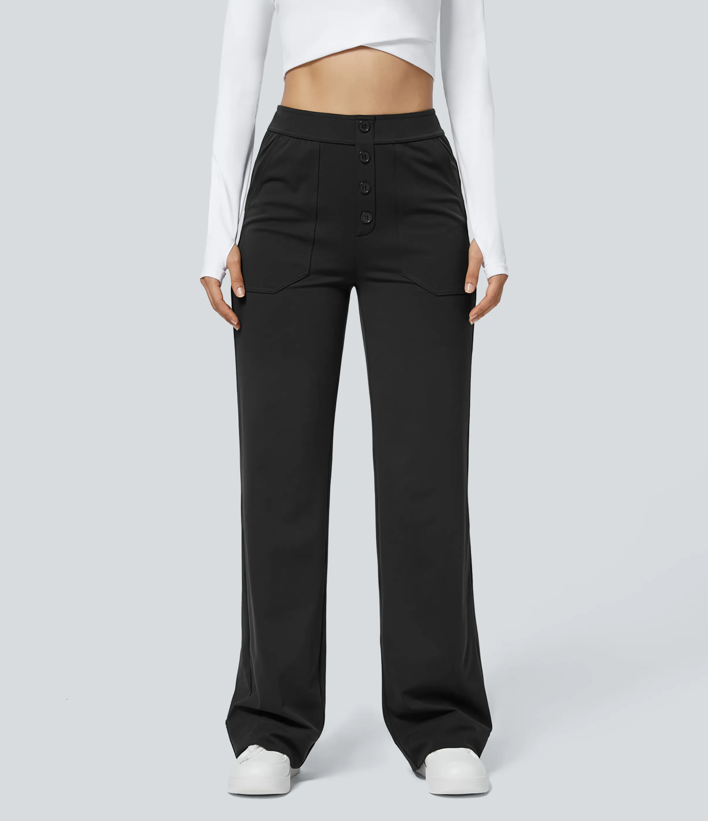 Halara Pantalón recto de tiro alto con botones y bolsillos - Black - XS(regular) sold by Halara product image thumbnail 4