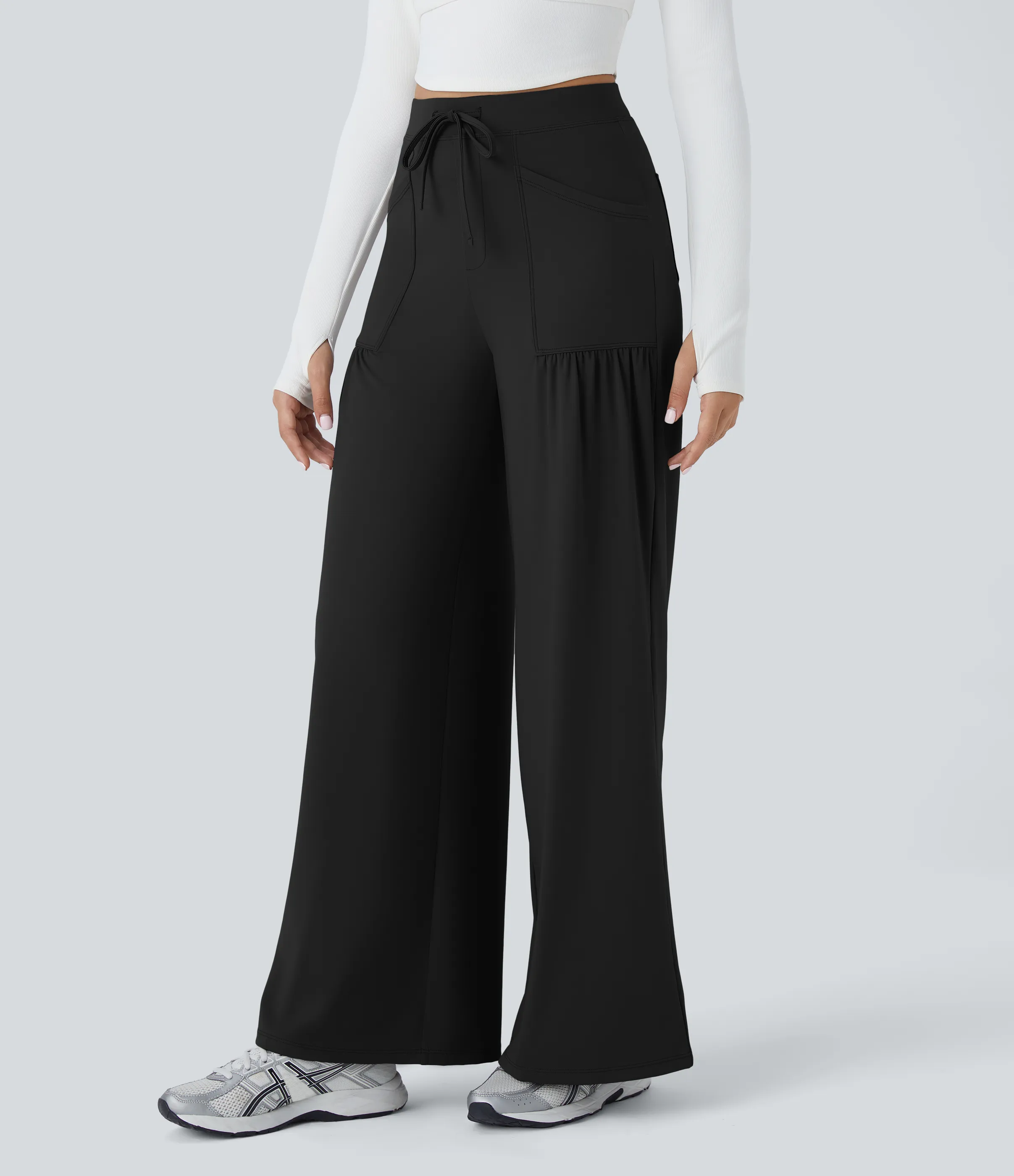 Halara Pantalón yoga pierna ancha plisado múltiple bolsillo cordón tiro alto - Black - XL(regular) sold by Halara product image thumbnail 4