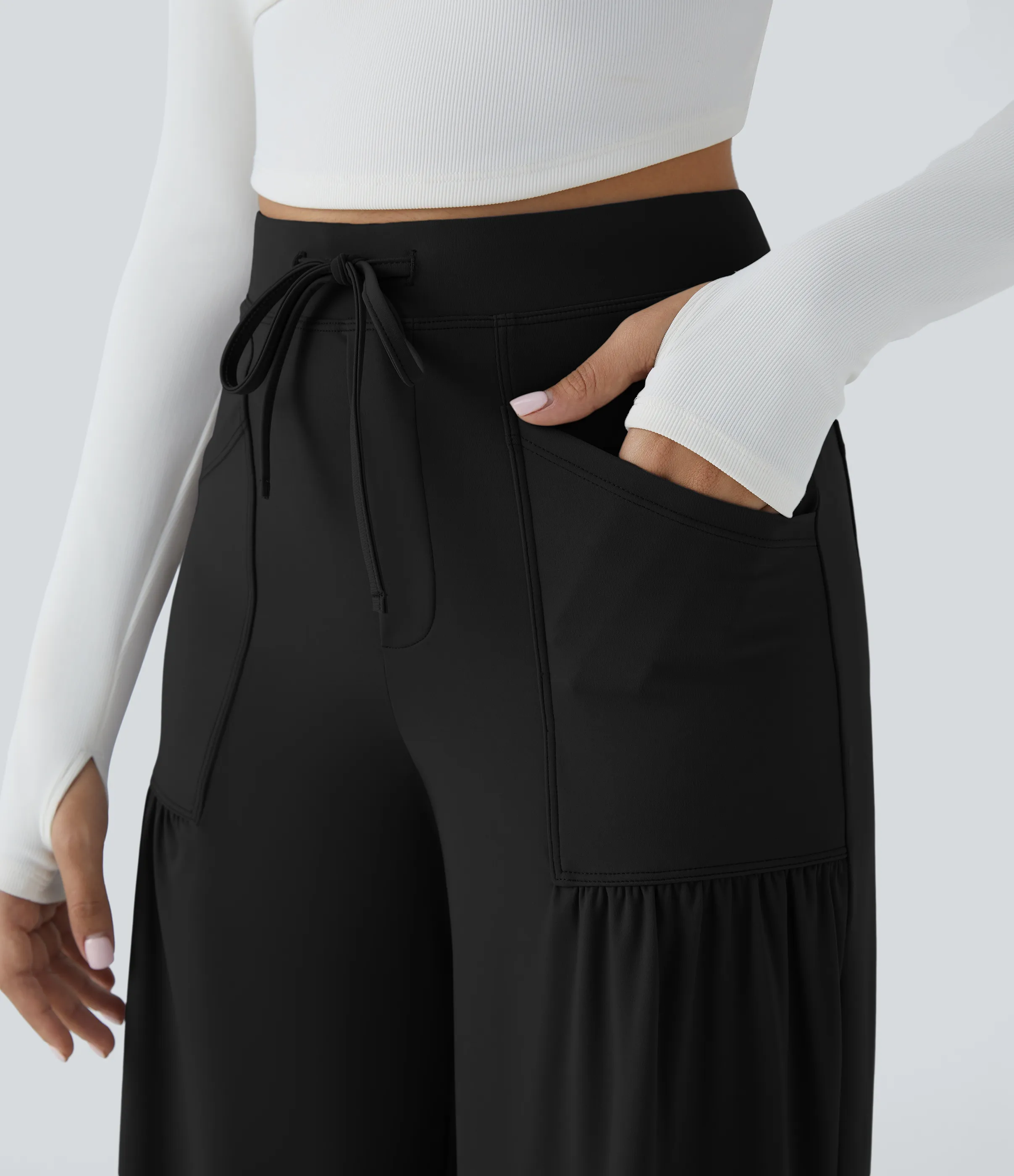 Halara Pantalón yoga pierna ancha plisado múltiple bolsillo cordón tiro alto - Black - XL(regular) sold by Halara product image thumbnail 5