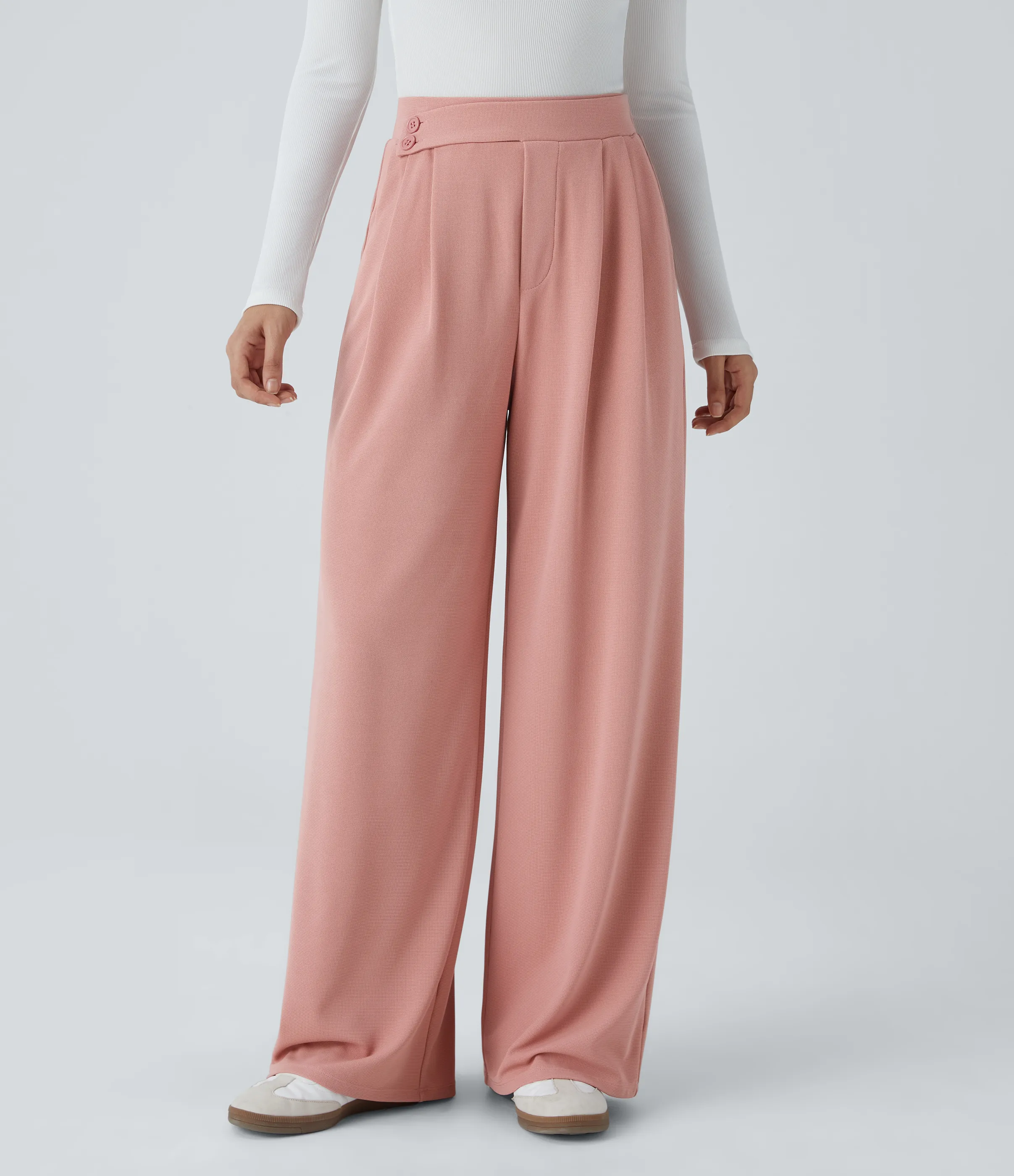 Halara Pantalón tiro alto botón bolsillo lateral plisado pierna ancha - Rose Tan - L(petite) sold by Halara product image thumbnail 4