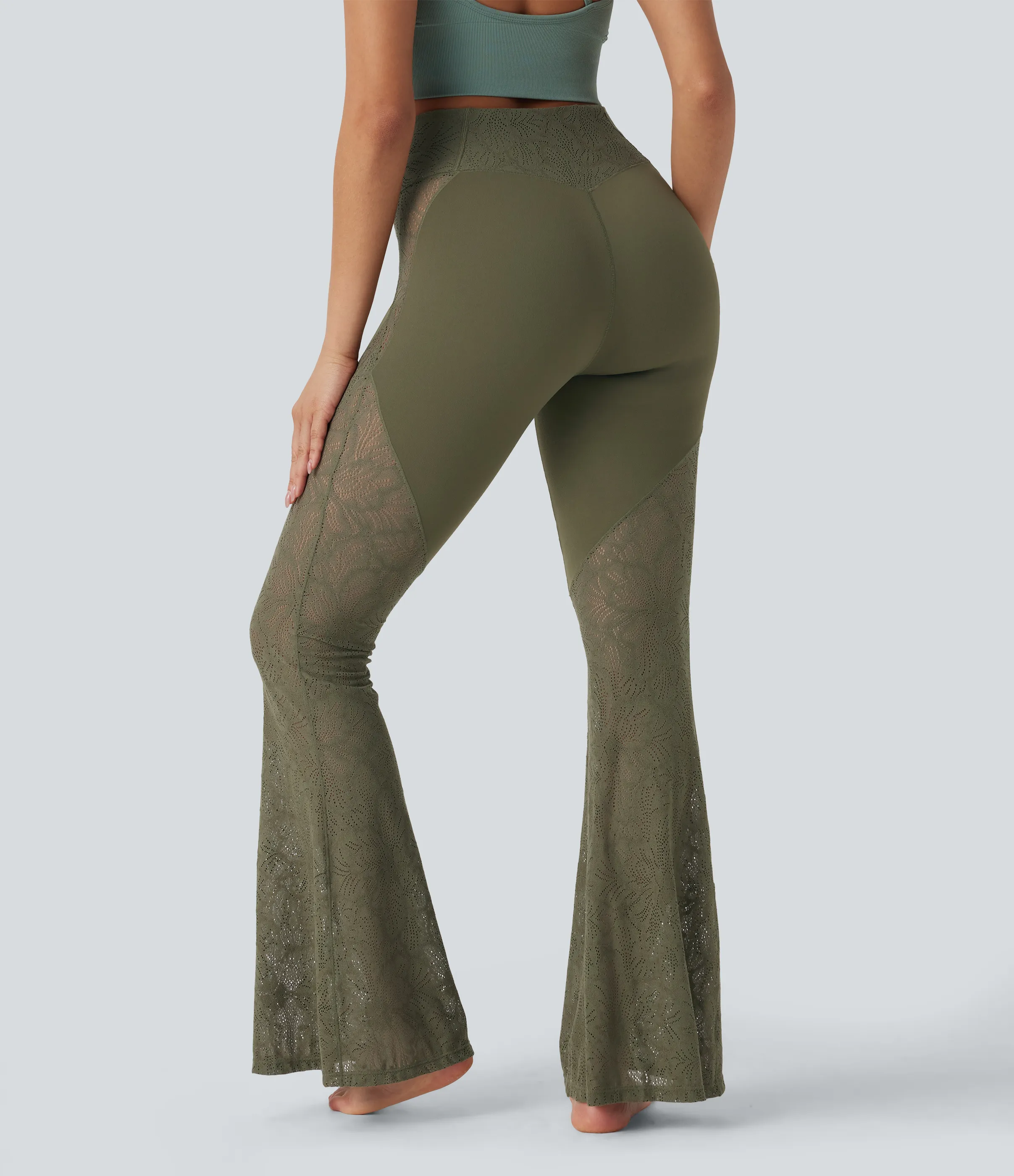 Halara Leggings de yoga acampanados Softlyzero™ de tiro alto con encaje en contrast y bolsillos traseros cruzados - Grass Grey Green - XL(regular) sold by Halara product image thumbnail 3