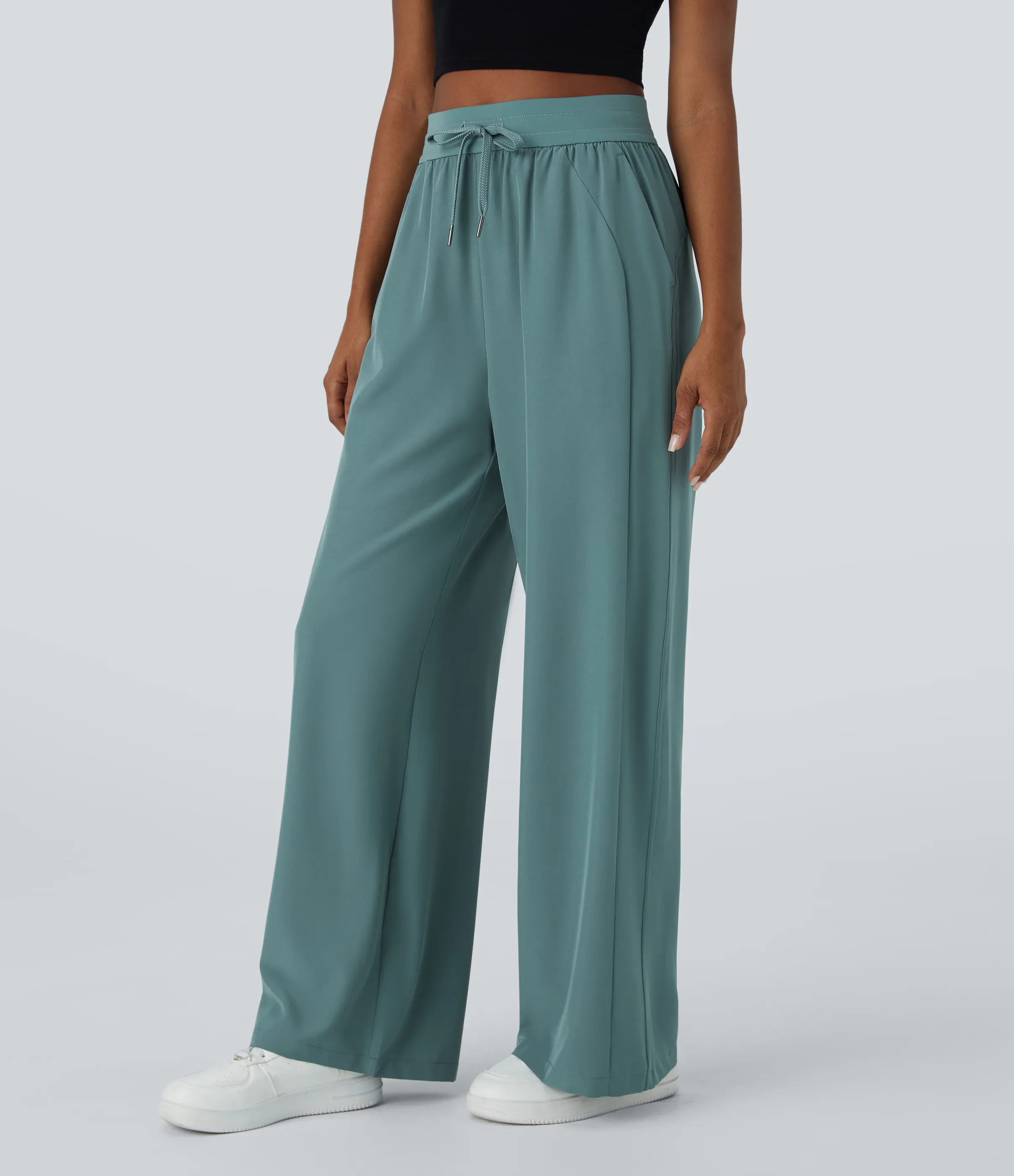 Halara Pantalón pierna ancha bolsillo lateral cordón tiro alto - Stone Green - M(regular) sold by Halara product image thumbnail 4
