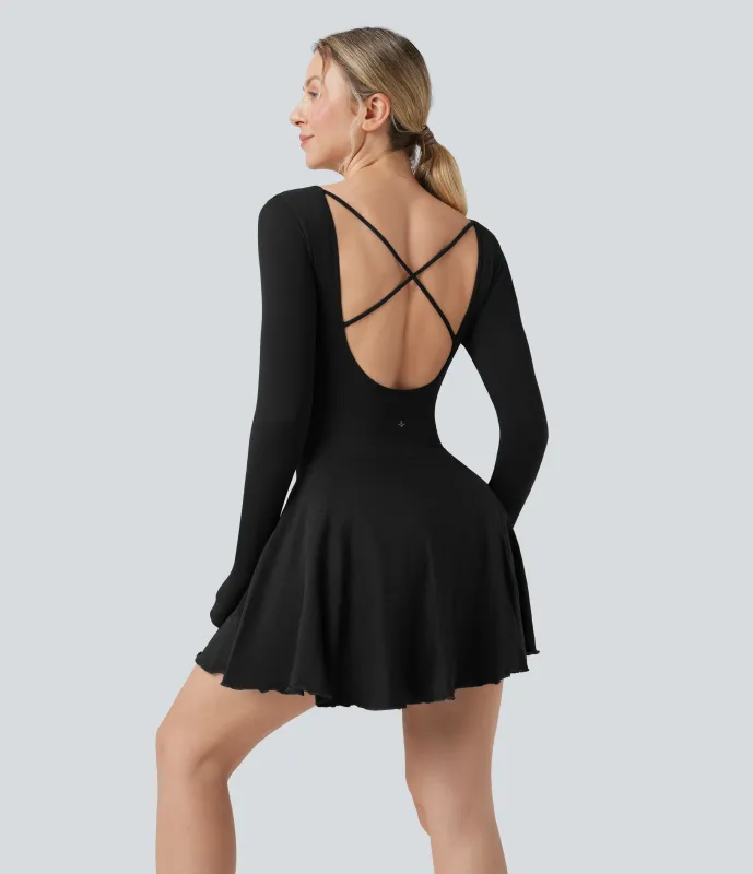 Halara Vestido mini deportivo de tenis 2 en 1 con bolsillos de mangas larga con espalda descubierta y aberturas para los pulgares - Black - L sold by Halara