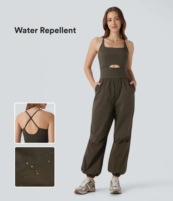 Halara Mono cargo de senderismo impermeable con tejido resistente antidesgarro con espalda abierta cruzada y bolsillos laterales - Twilight Green - M(regular) sold by Halara