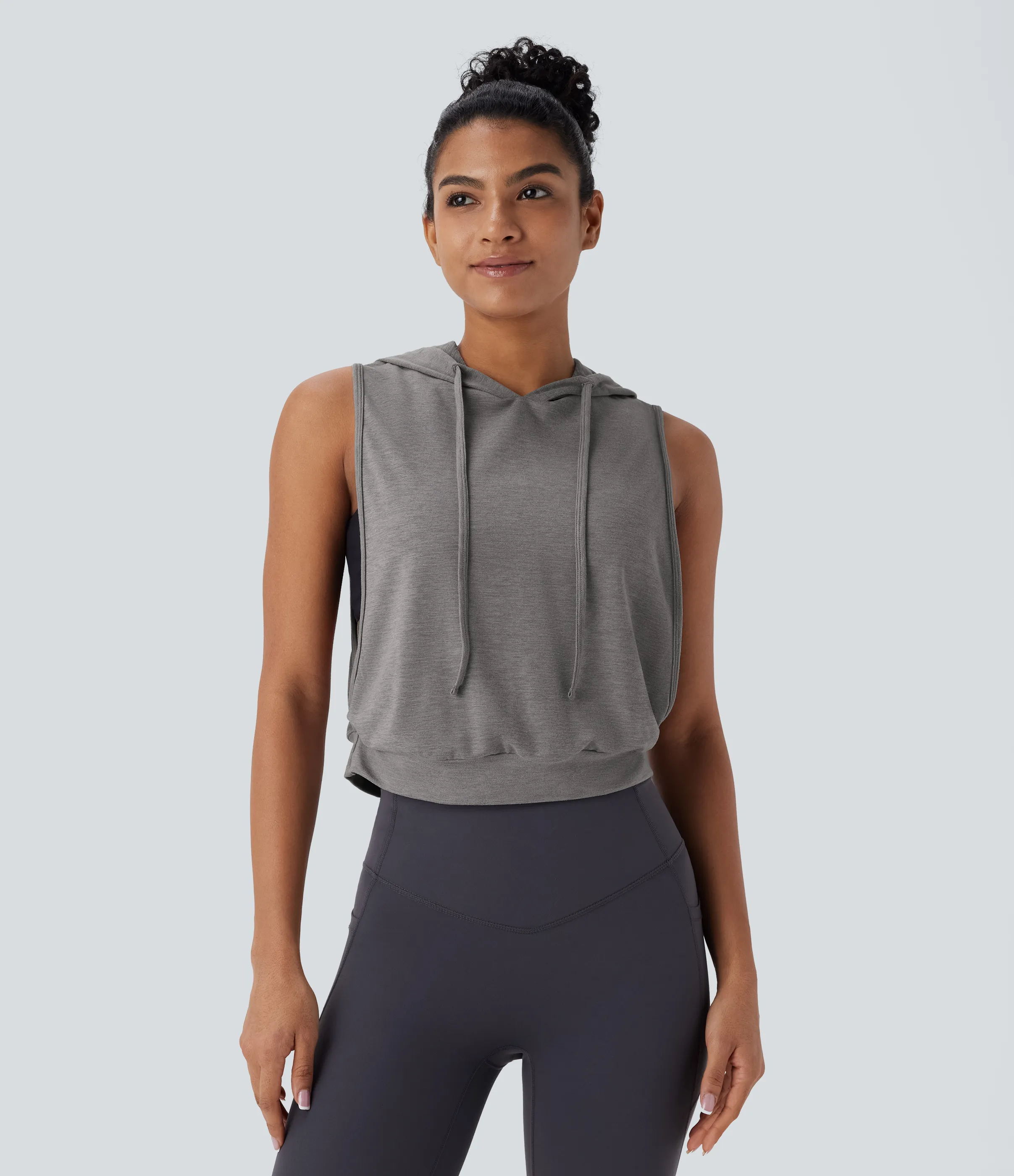 Halara Camiseta sin mangas corta correr capucha cordón ajustable - Mottled Earth Gray - M sold by Halara product image thumbnail 2