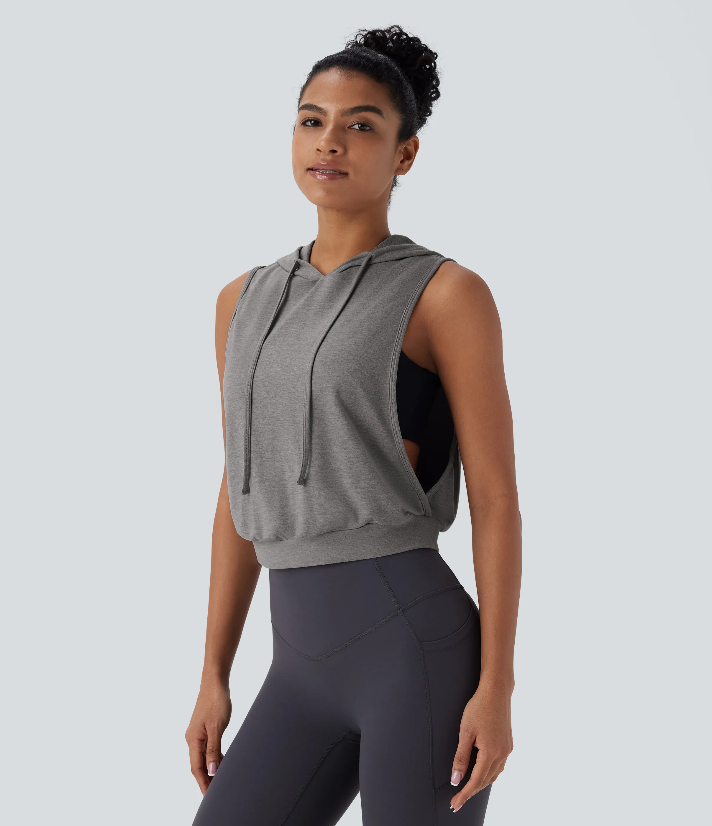 Halara Camiseta sin mangas corta correr capucha cordón ajustable - Mottled Earth Gray - M sold by Halara product image thumbnail 4