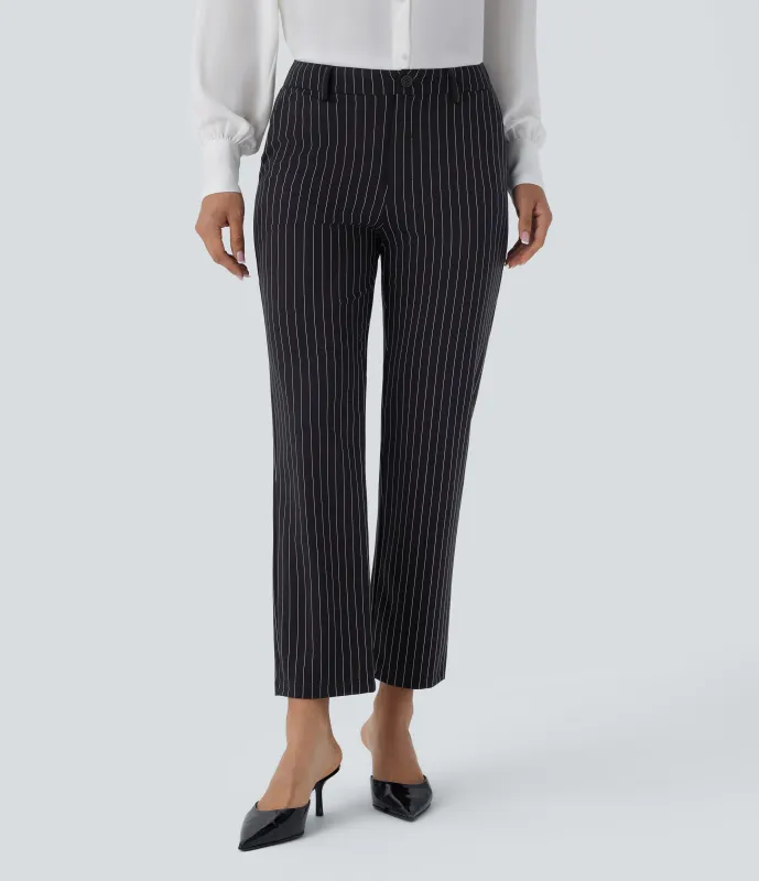 Halara Pantalón oficina tiro medio bolsillo lateral largo tobillo pierna recta rayas tacto frío - Black White Pinstripe - XS(regular) sold by Halara