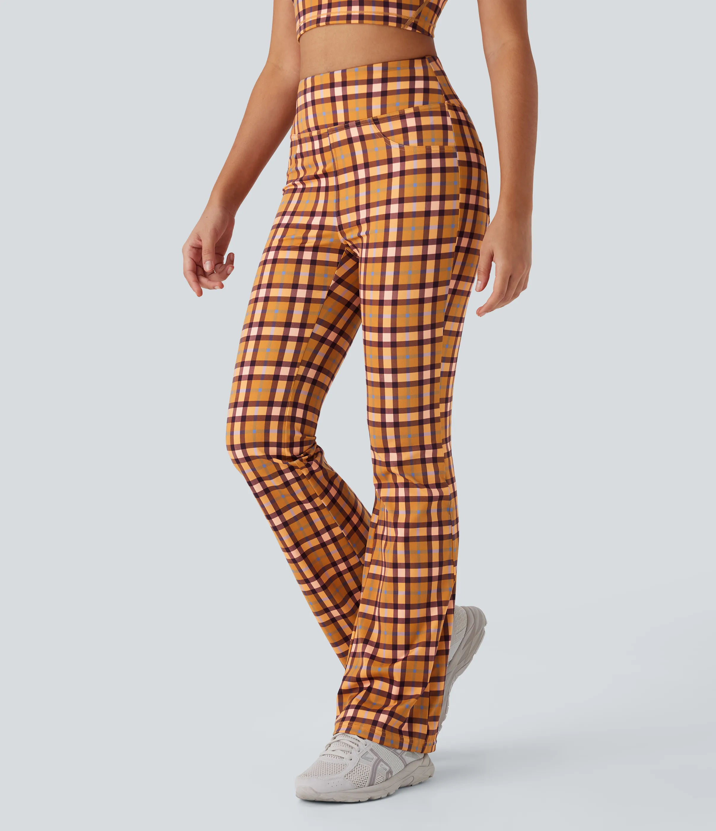 Halara Pantalones casuales de corte acampanado con tiro alto y bolsillos de tacto fresco - Blue Orange Purple Plaid - S(regular) sold by Halara product image thumbnail 3